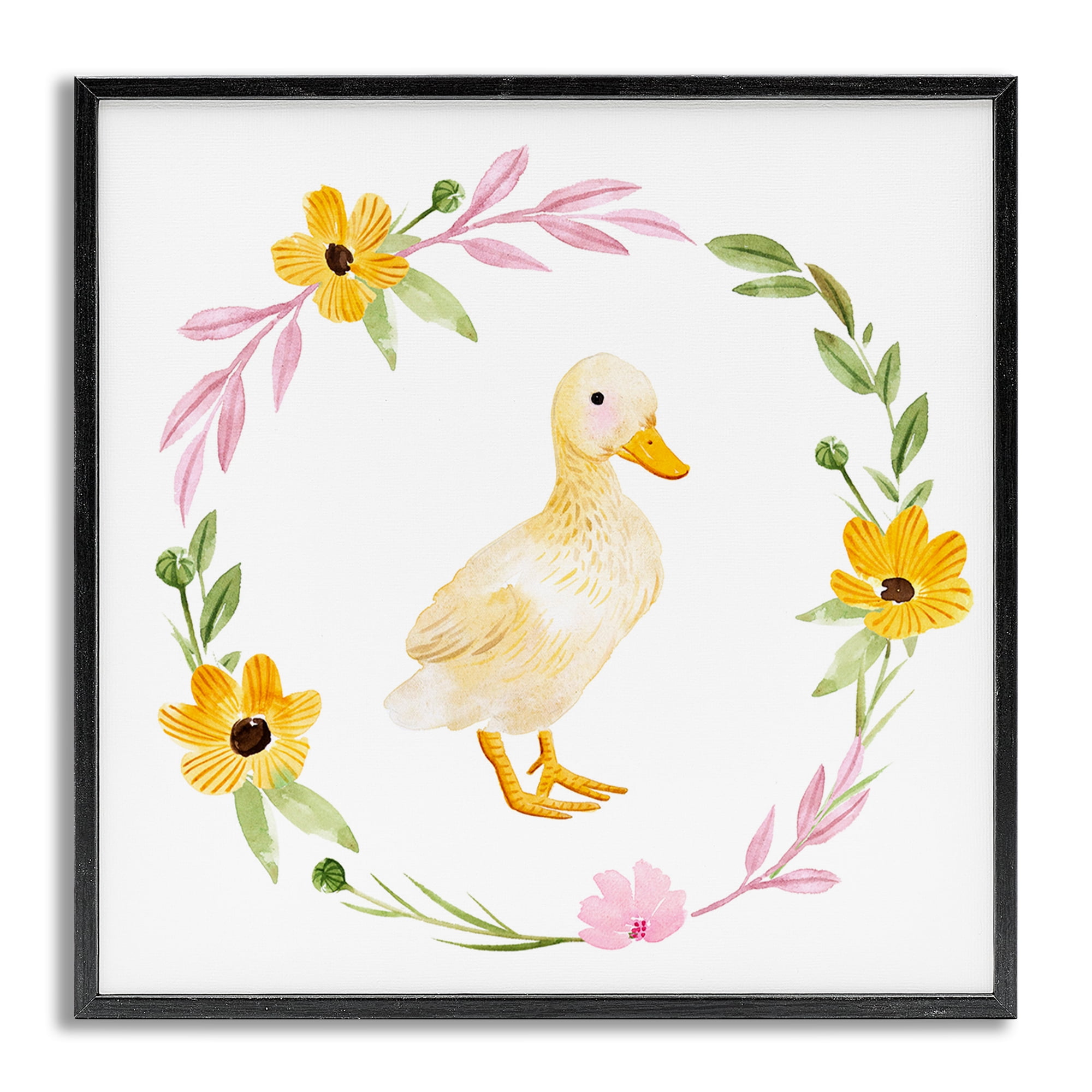 Stupell Industries Duckling with Daisy Wreath Animals & Insects Painting Gray Framed Art Print Wall Art, 12 x 12