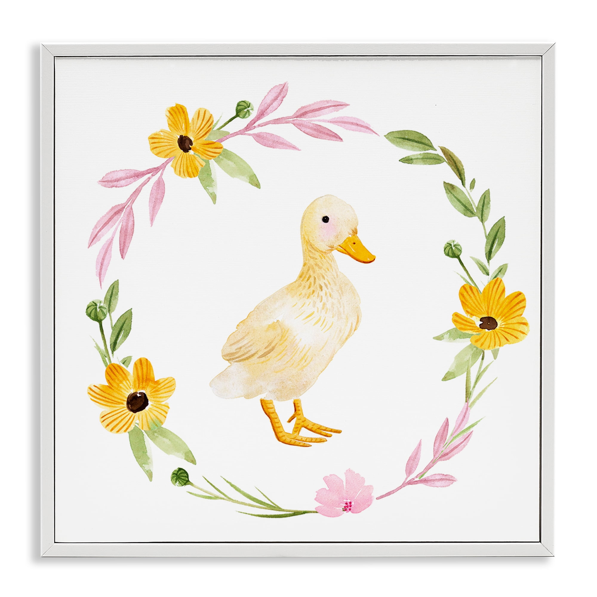 Stupell Industries Duckling with Daisy Wreath Animals & Insects Painting White Framed Art Print Wall Art, 24 x 24