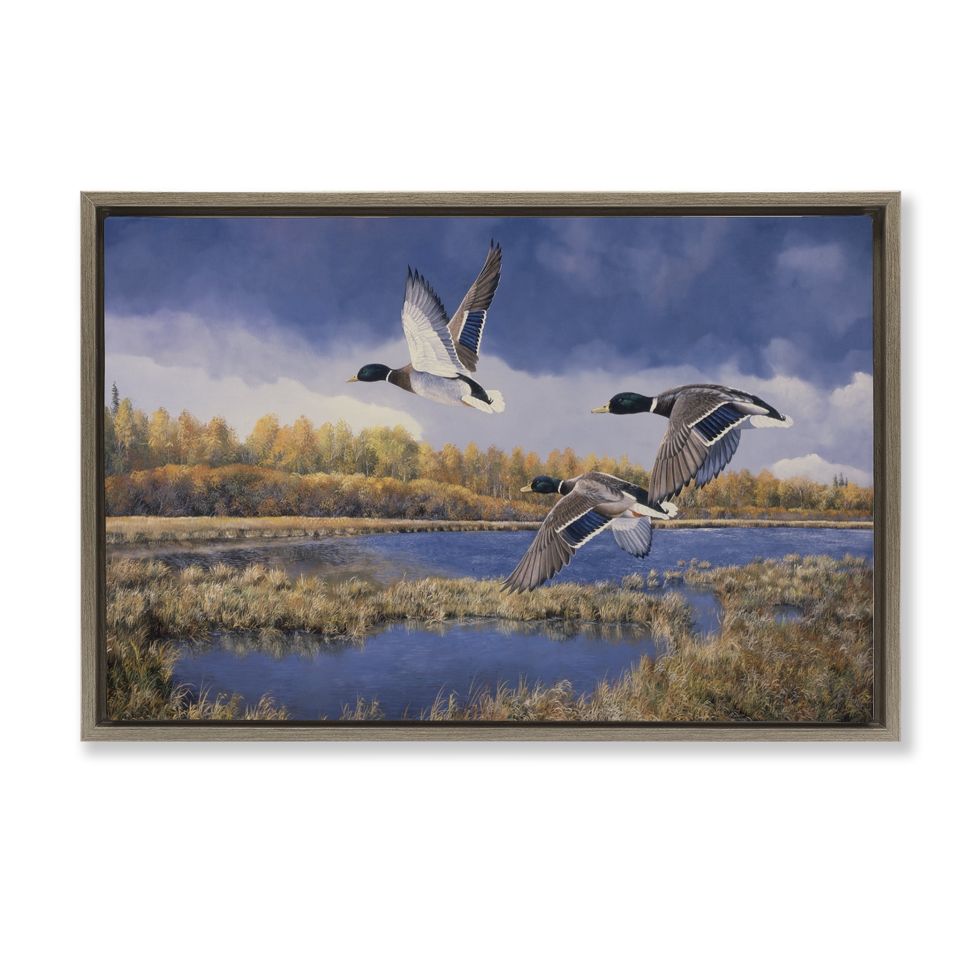 Stupell Industries Ducks Heading South Landscape & Nature Painting Brown Floater Framed Canvas Art Print Wall Art, 25 x 17
