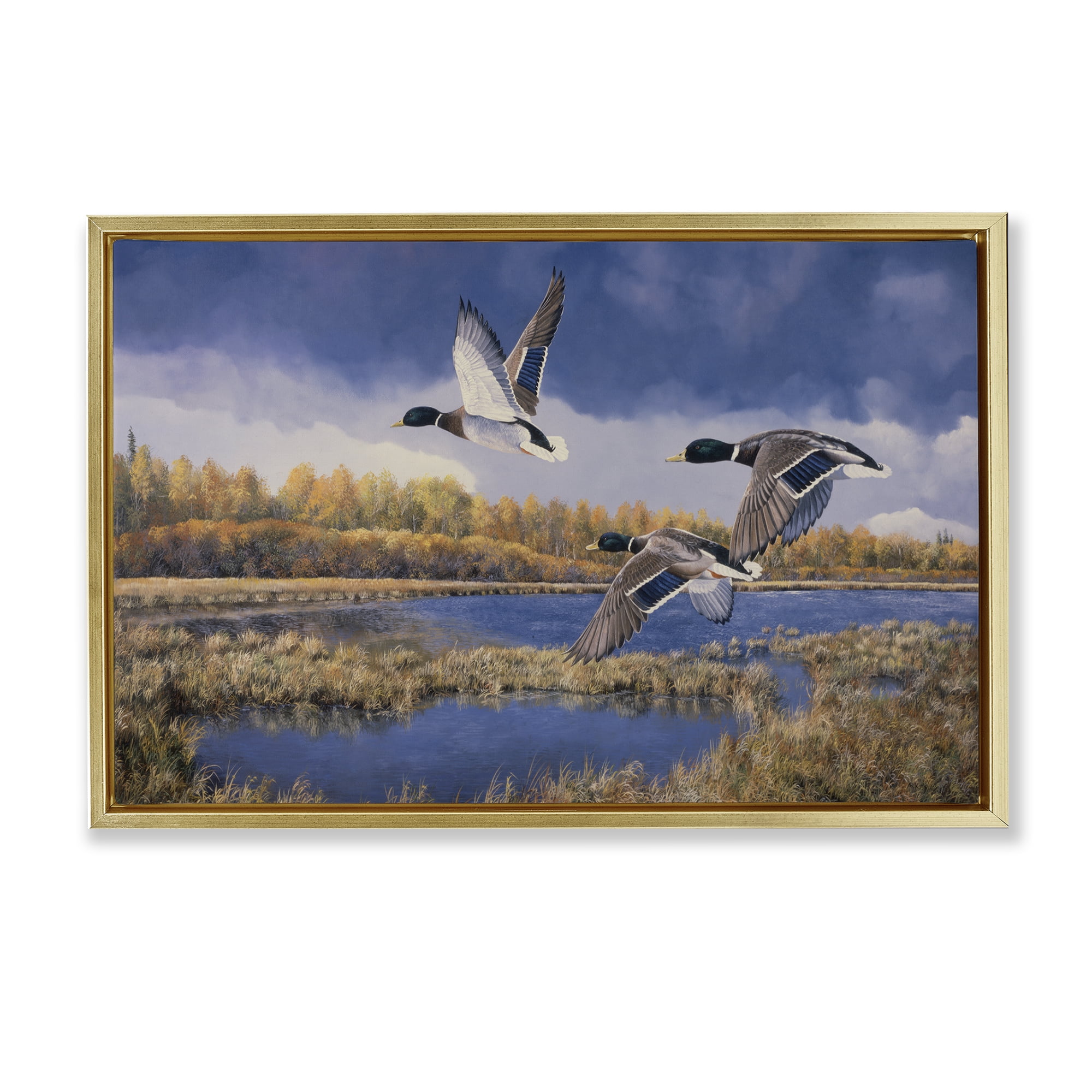 Stupell Industries Ducks Heading South Landscape & Nature Painting Gold Floater Framed Canvas Art Print Wall Art, 25 x 17