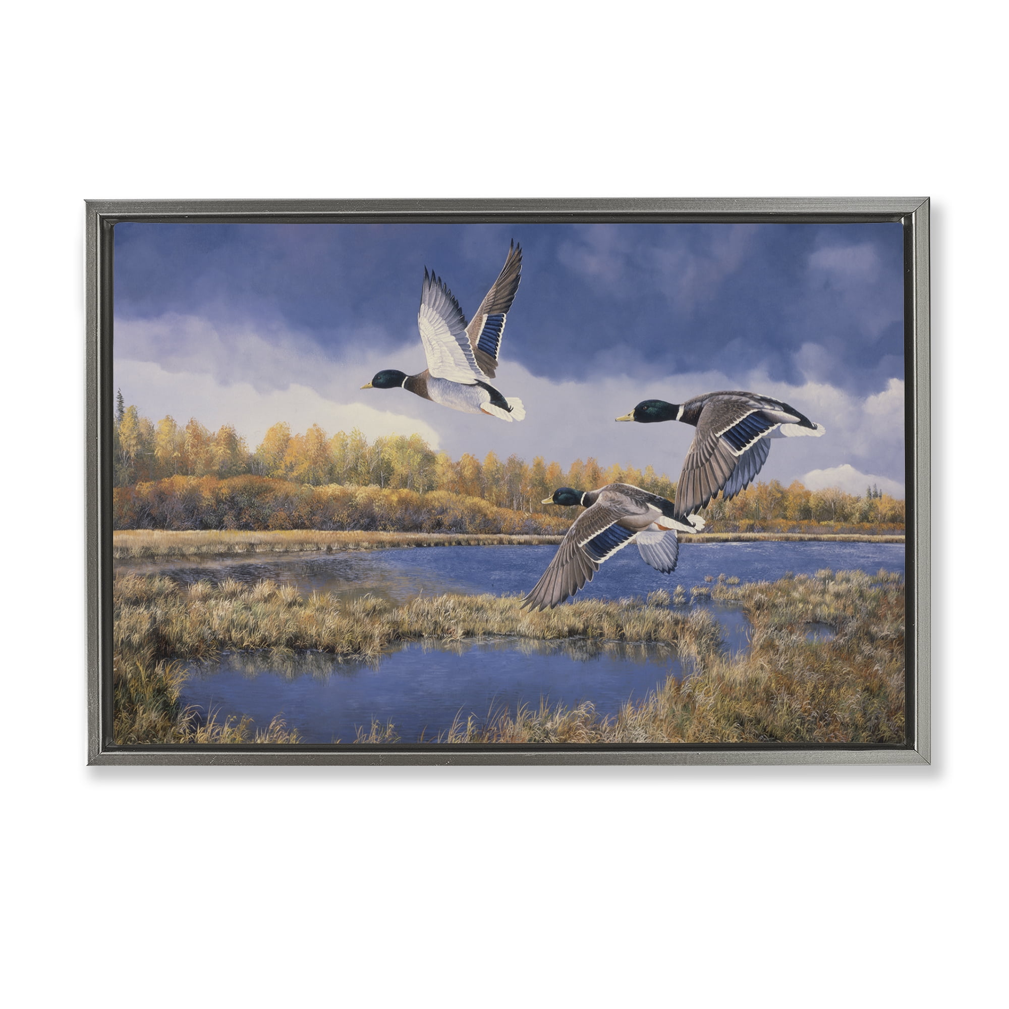 Stupell Industries Ducks Heading South Landscape & Nature Painting Gray Floater Framed Canvas Art Print Wall Art, 31 x 21