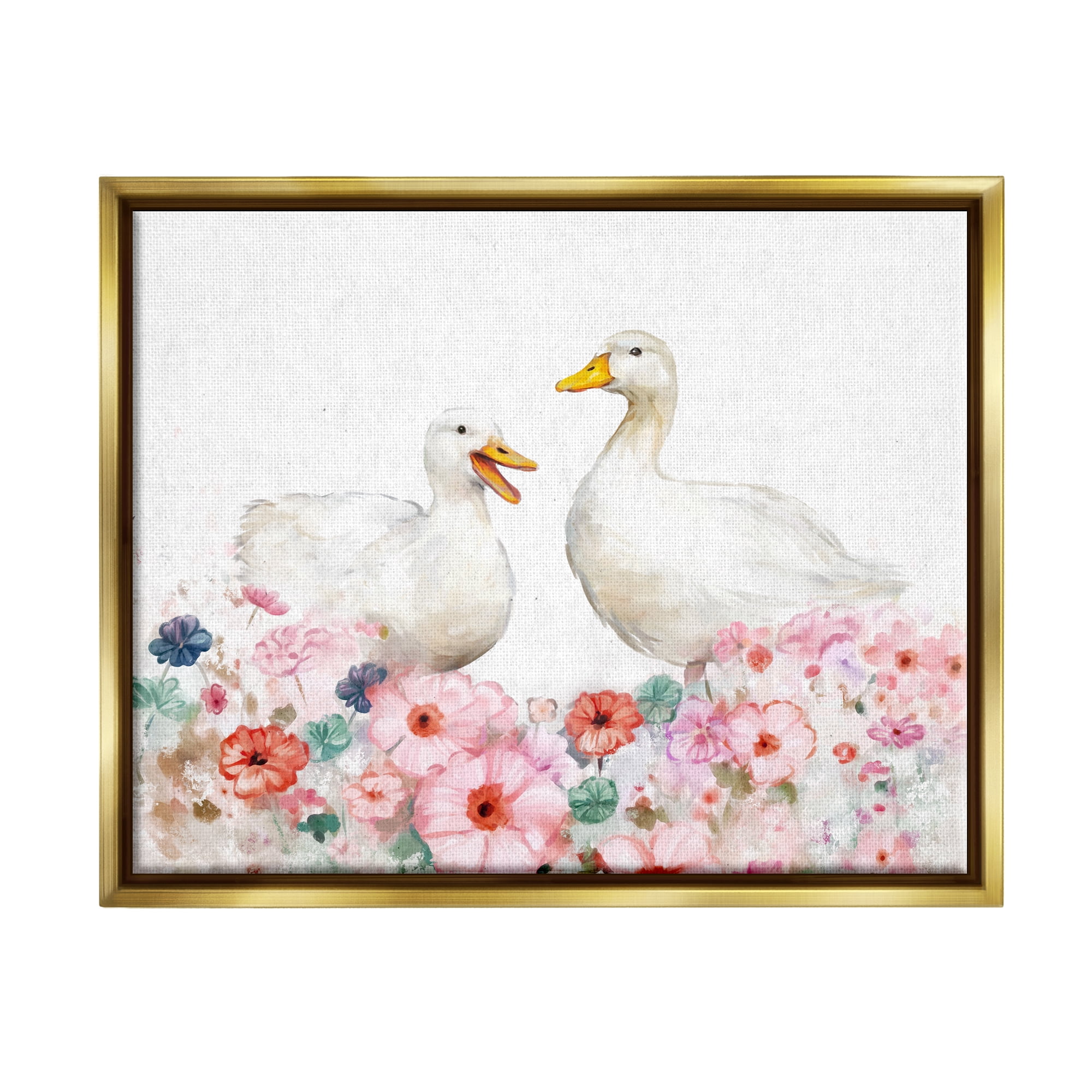 Stupell Industries Ducks & Pastel Flowers Animals & Insects Painting Gold Floater Framed Canvas Art Print Wall Art, 31 x 25