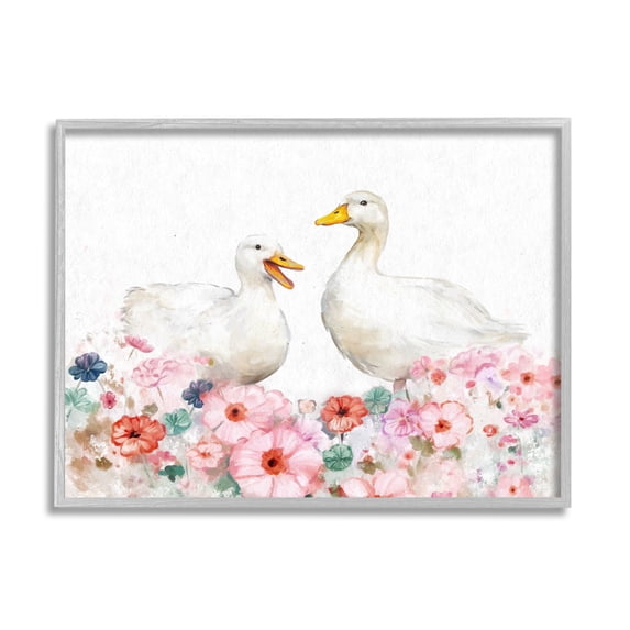 Stupell Industries Ducks & Pastel Flowers Animals & Insects Painting Gray Framed Art Print Wall Art, 14 x 11