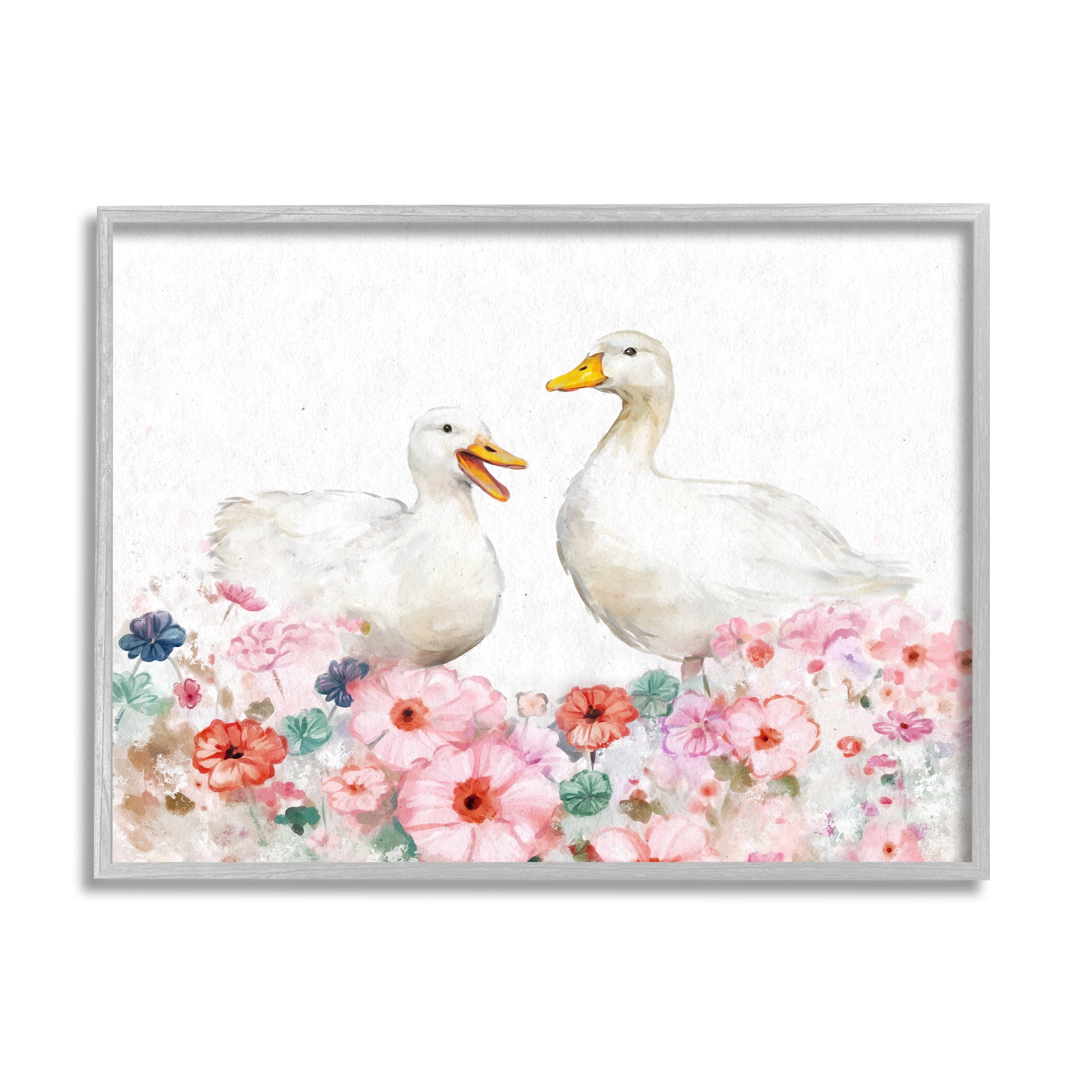 Stupell Industries Ducks & Pastel Flowers Animals & Insects Painting Gray Framed Art Print Wall Art, 30 x 24