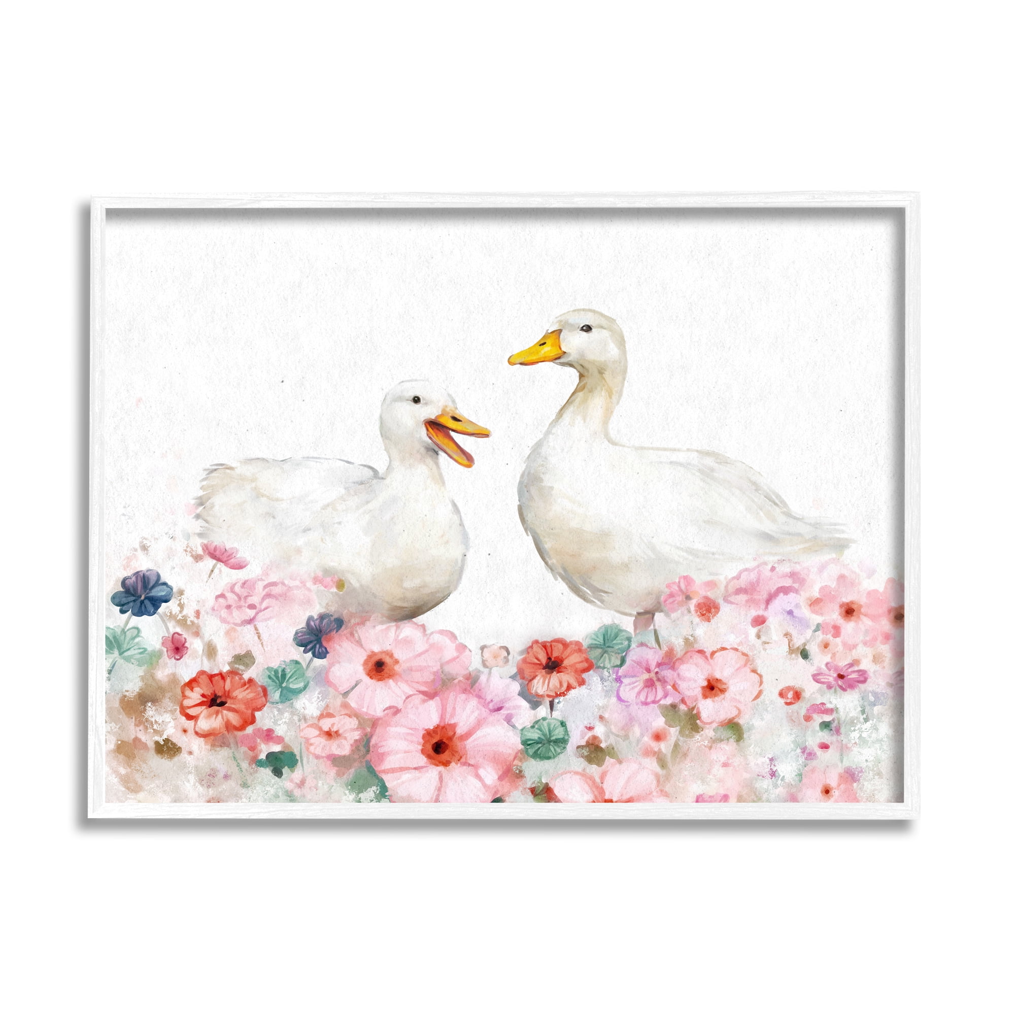 Stupell Industries Ducks & Pastel Flowers Animals & Insects Painting White Framed Art Print Wall Art, 20 x 16