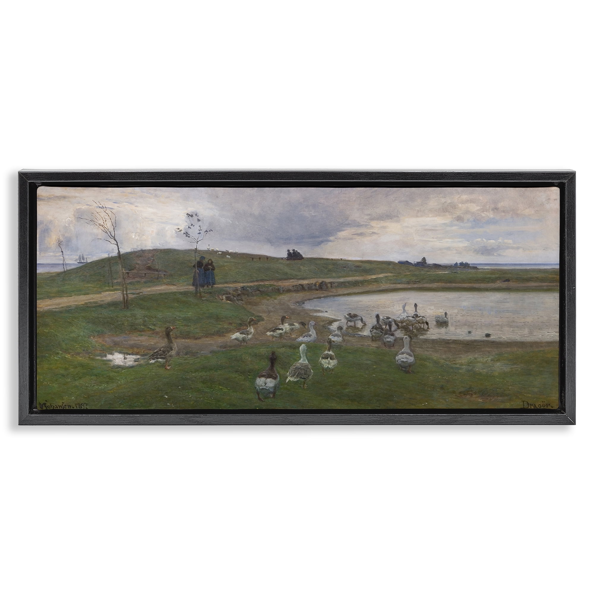 Stupell Industries Ducks Wading in Pond Landscape & Nature Painting Black Floater Framed Canvas Art Print Wall Art, 25 x 11