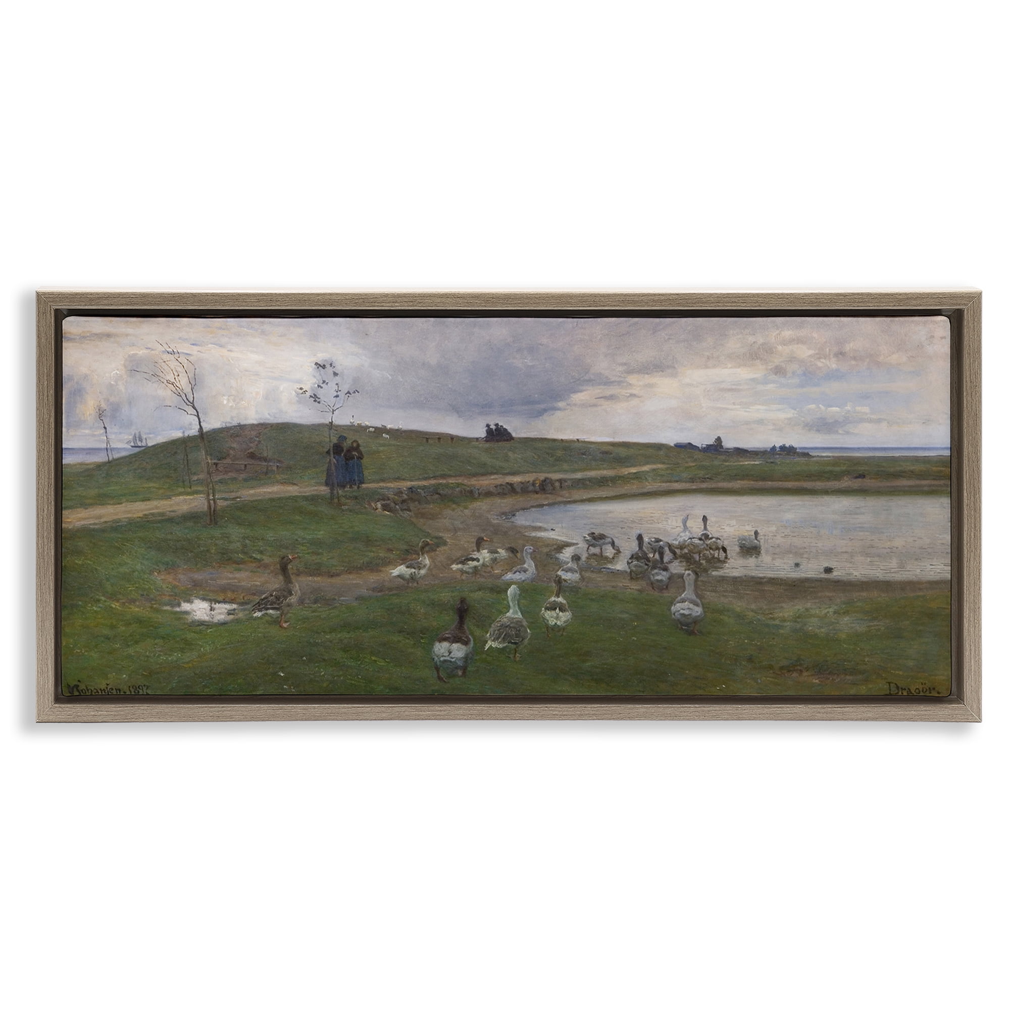 Stupell Industries Ducks Wading in Pond Landscape & Nature Painting Brown Floater Framed Canvas Art Print Wall Art, 31 x 14