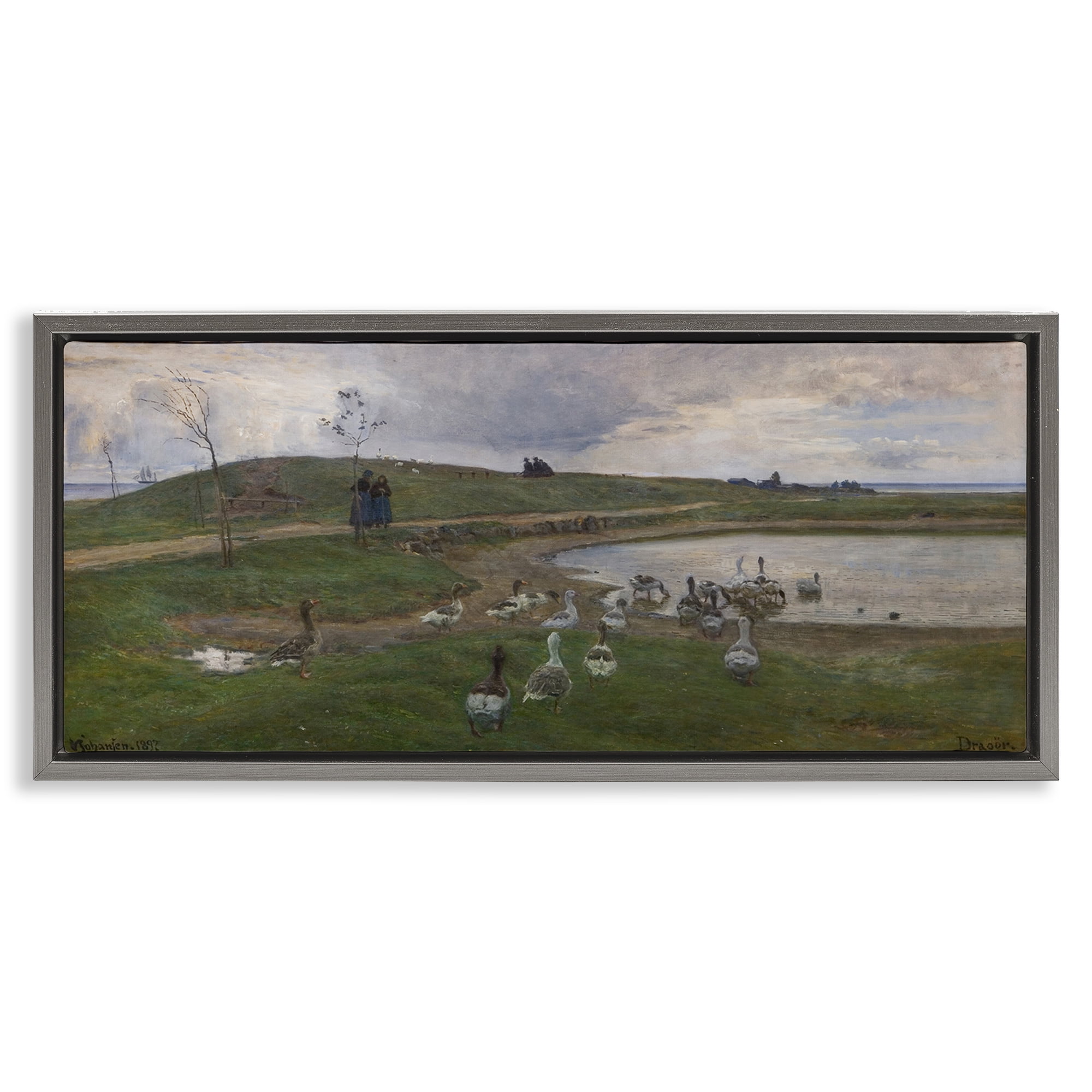 Stupell Industries Ducks Wading in Pond Landscape & Nature Painting Gray Floater Framed Canvas Art Print Wall Art, 31 x 14