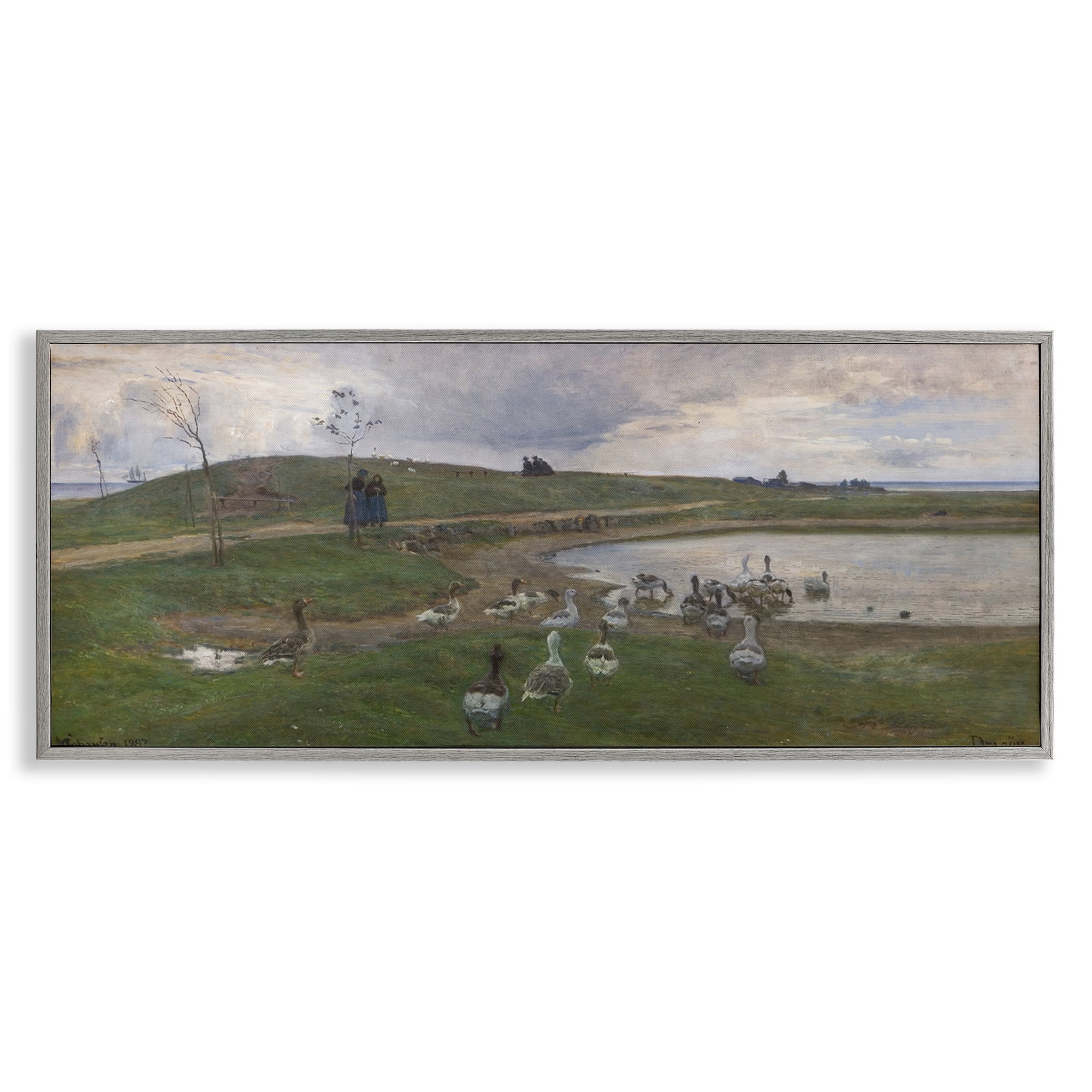 Stupell Industries Ducks Wading in Pond Landscape & Nature Painting Gray Framed Art Print Wall Art, 24 x 10