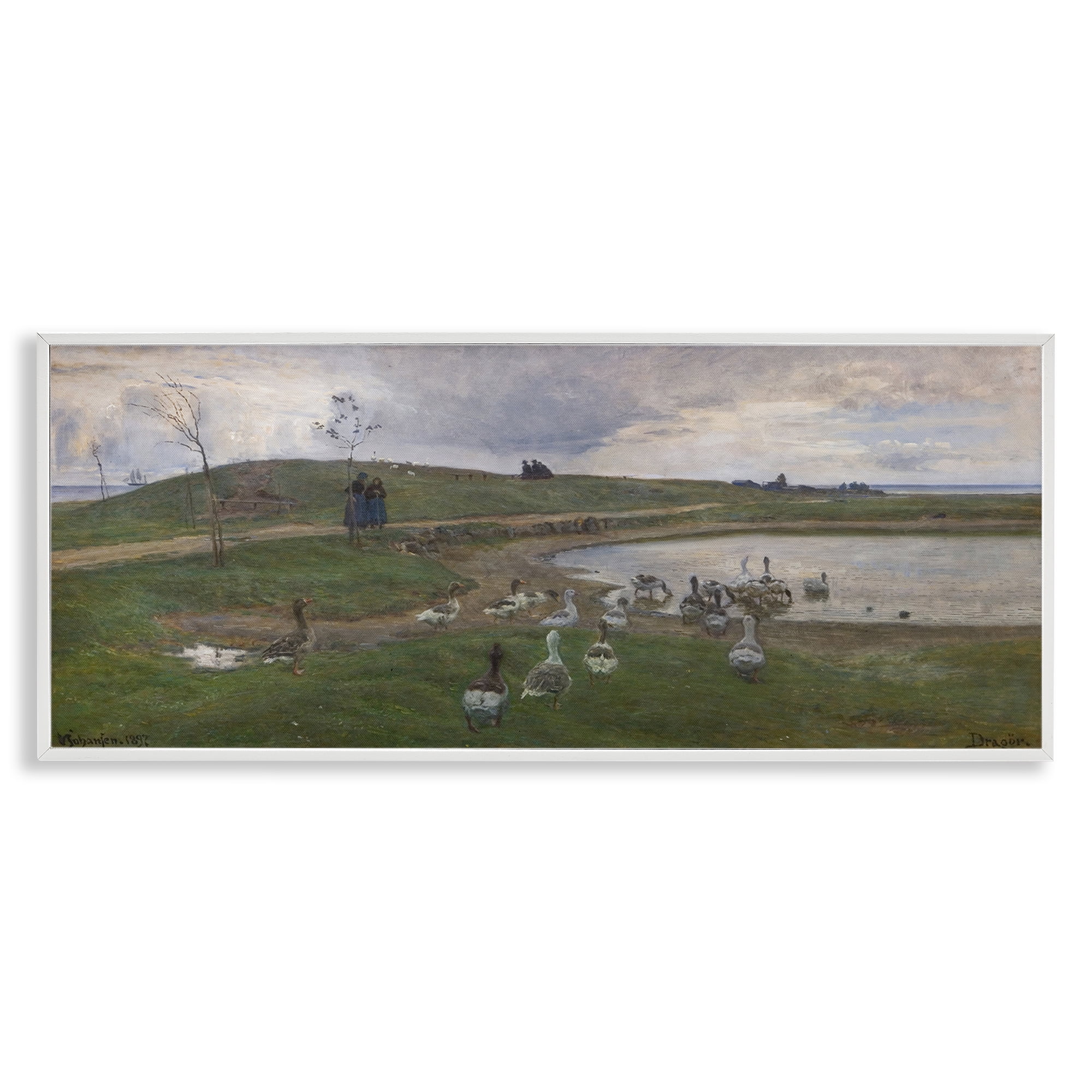 Stupell Industries Ducks Wading in Pond Landscape & Nature Painting White Framed Art Print Wall Art, 30 x 13