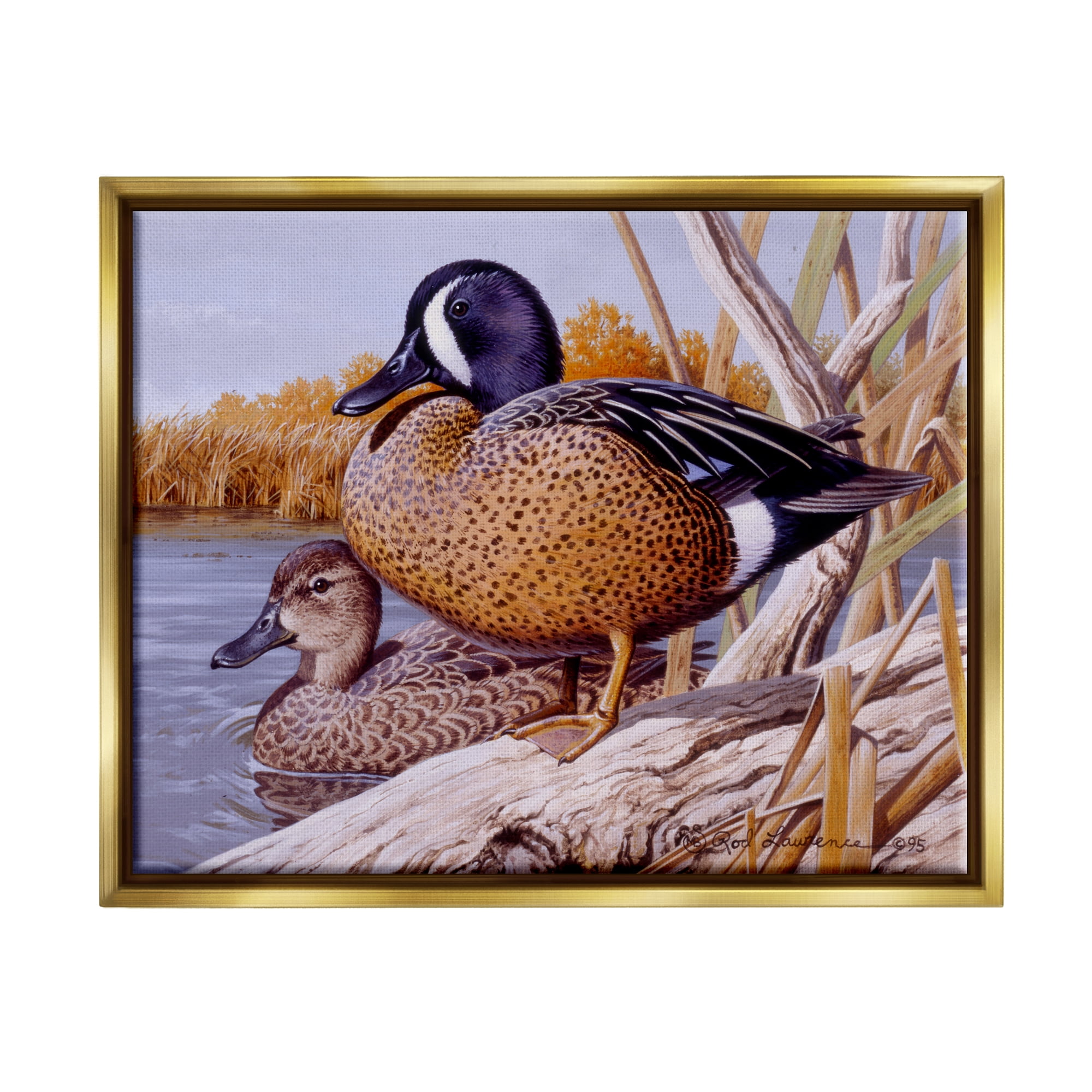 Stupell Industries Ducks at Pond's Edge Animals & Insects Painting Gold Floater Framed Canvas Art Print Wall Art, 21 x 17