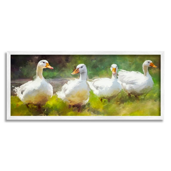 Stupell Industries Ducks by River Painting Animals & Insects Painting White Framed Art Print Wall Art, 24 x 10
