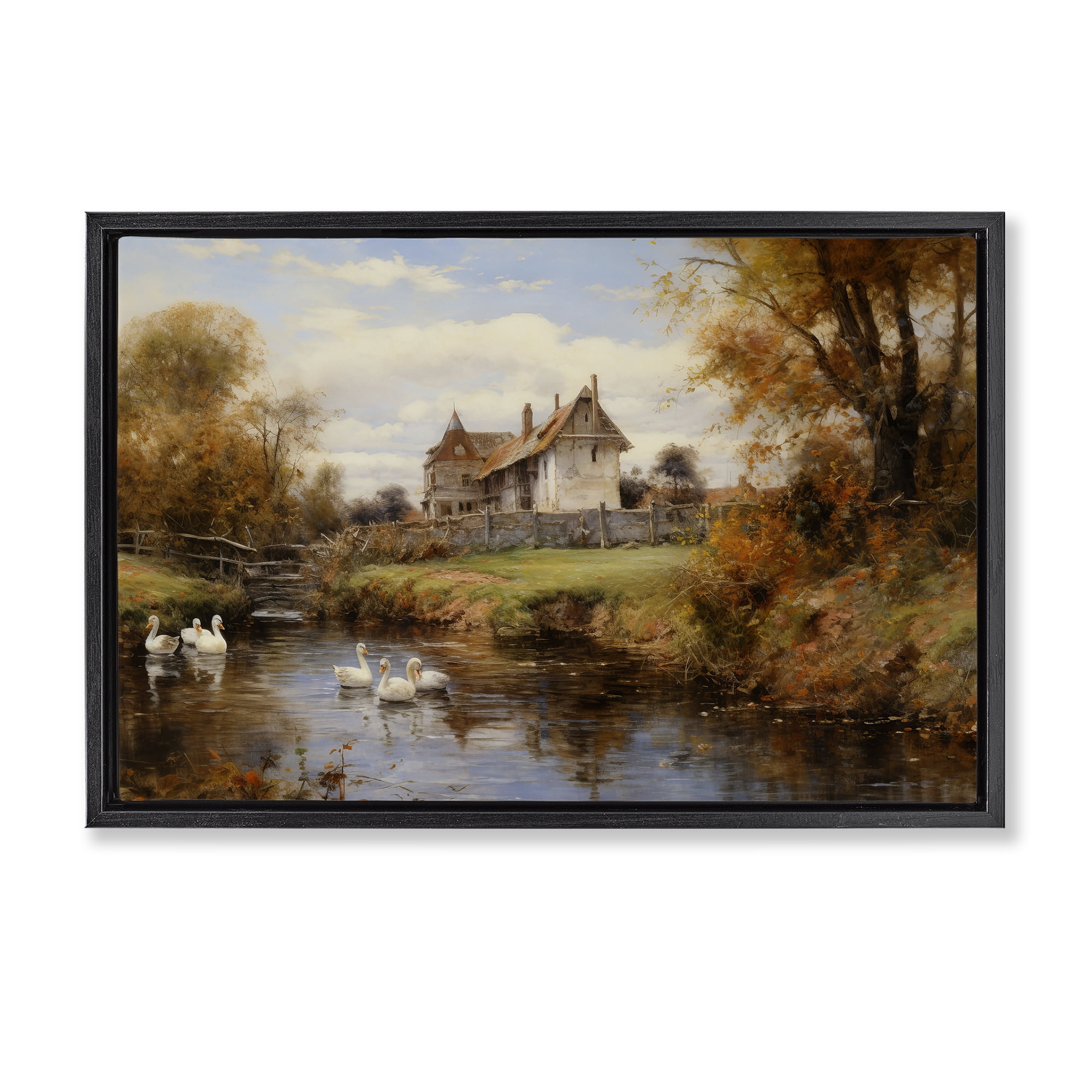 Stupell Industries Ducks in Cottage River Landscape & Nature Painting Black Floater Framed Canvas Art Print Wall Art, 31 x 21