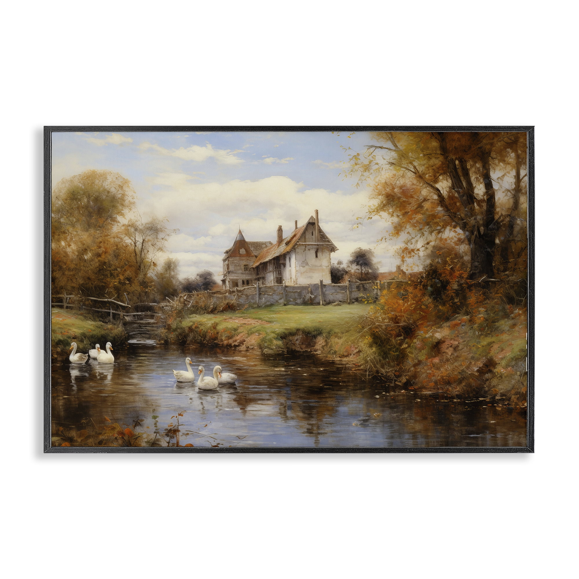 Stupell Industries Ducks in Cottage River Landscape & Nature Painting Black Framed Art Print Wall Art, 30 x 20