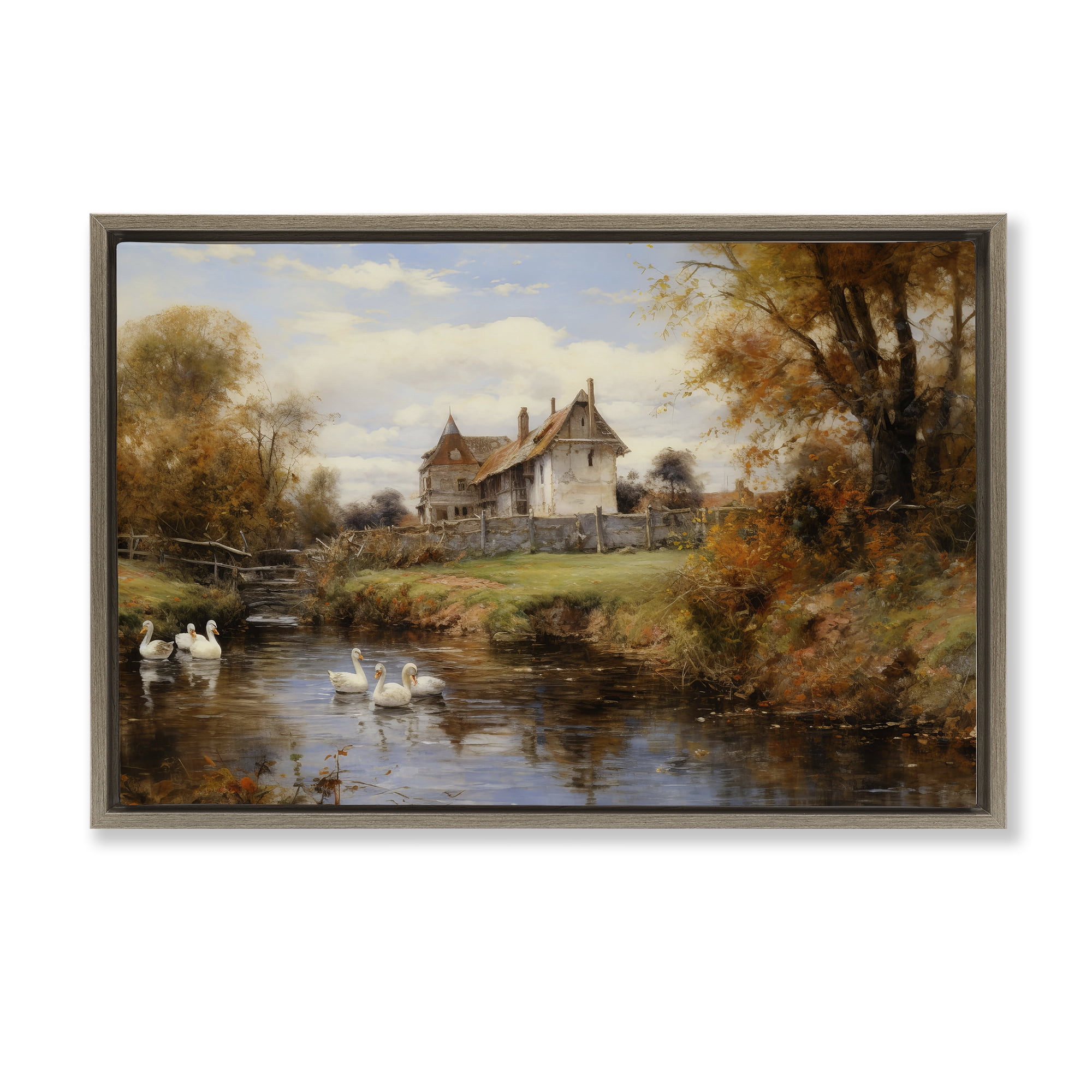 Stupell Industries Ducks in Cottage River Landscape & Nature Painting Brown Floater Framed Canvas Art Print Wall Art, 31 x 21