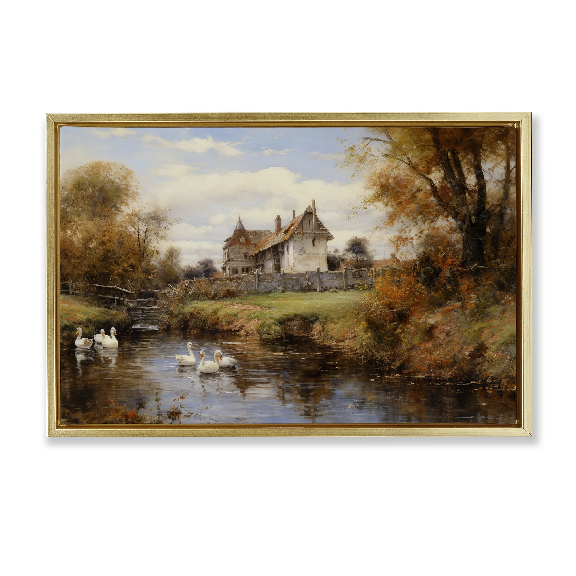 Stupell Industries Ducks in Cottage River Landscape & Nature Painting Gold Floater Framed Canvas Art Print Wall Art, 25 x 17