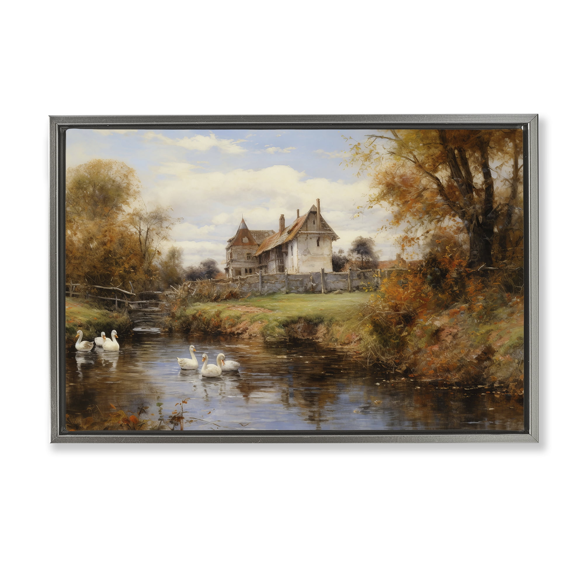 Stupell Industries Ducks in Cottage River Landscape & Nature Painting Gray Floater Framed Canvas Art Print Wall Art, 25 x 17