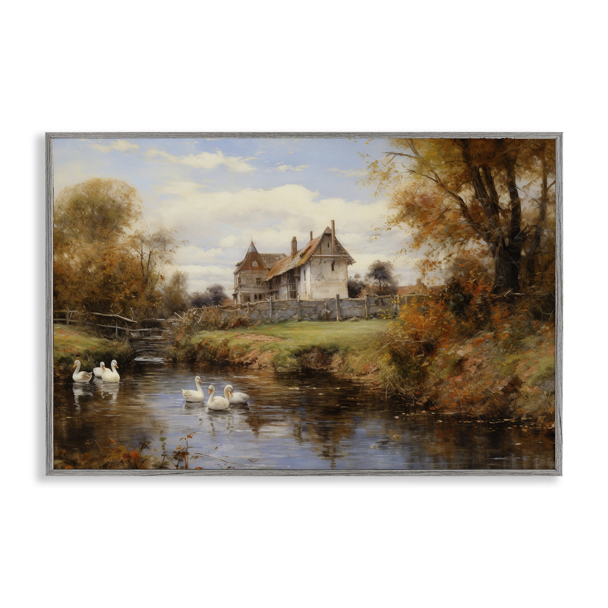 Stupell Industries Ducks in Cottage River Landscape & Nature Painting Gray Framed Art Print Wall Art, 30 x 20