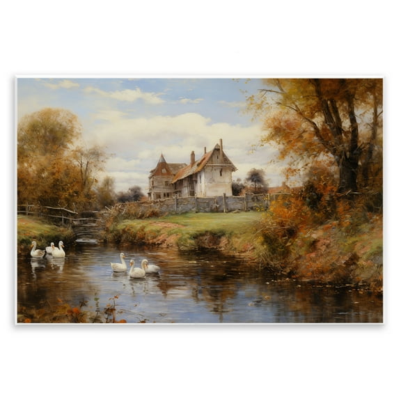 Stupell Industries Ducks in Cottage River Landscape & Nature Painting Unframed Art Print Wall Art, 15 x 10