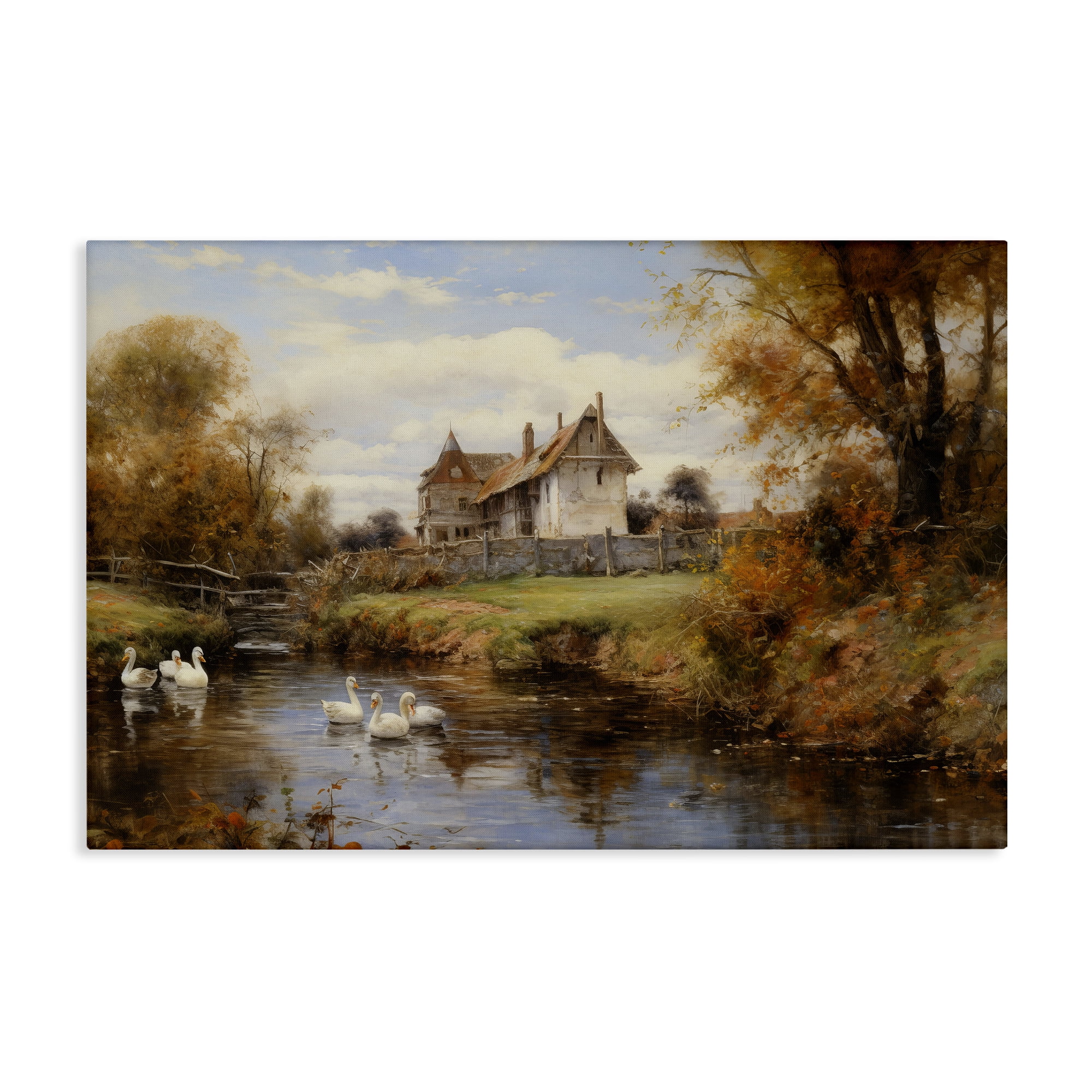 Stupell Industries Ducks in Cottage River Landscape & Nature Painting Wrapped Canvas Art Print Wall Art, 30 x 20