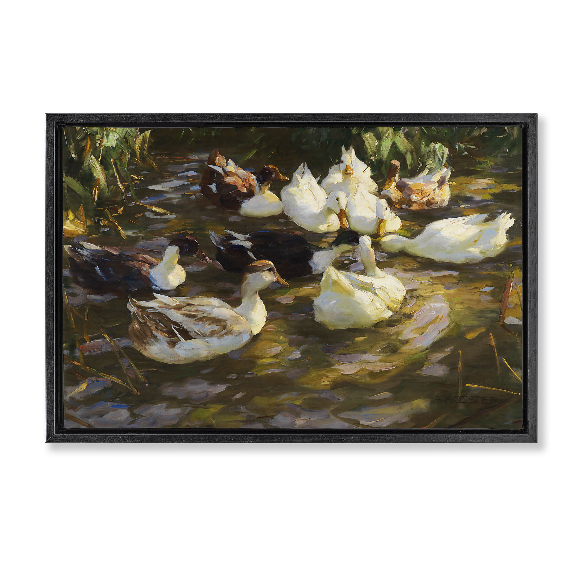 Stupell Industries Ducks in Flowing River Landscape Painting Black Floater Framed Canvas Art Print Wall Art, 31 x 21