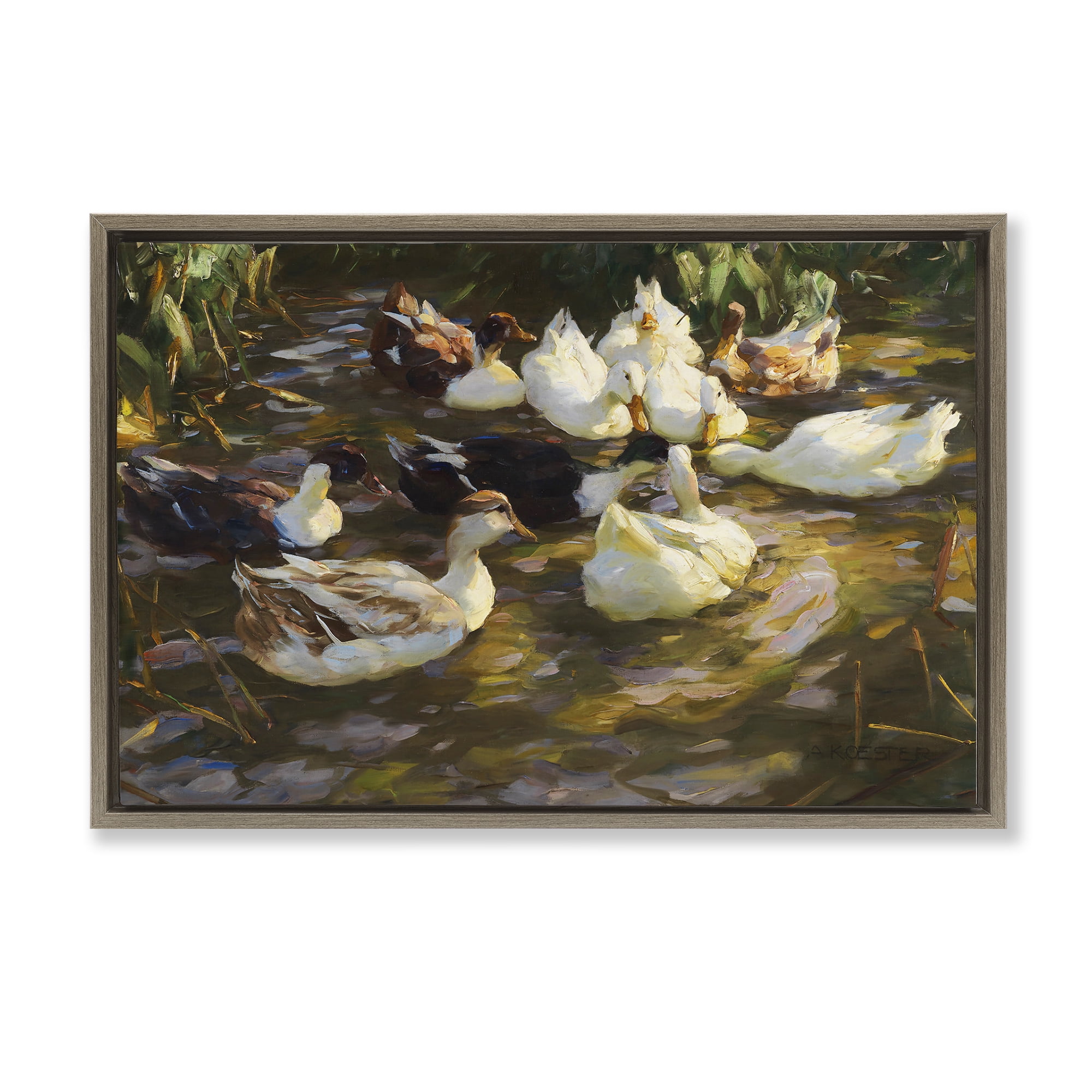 Stupell Industries Ducks in Flowing River Landscape Painting Brown Floater Framed Canvas Art Print Wall Art, 25 x 17