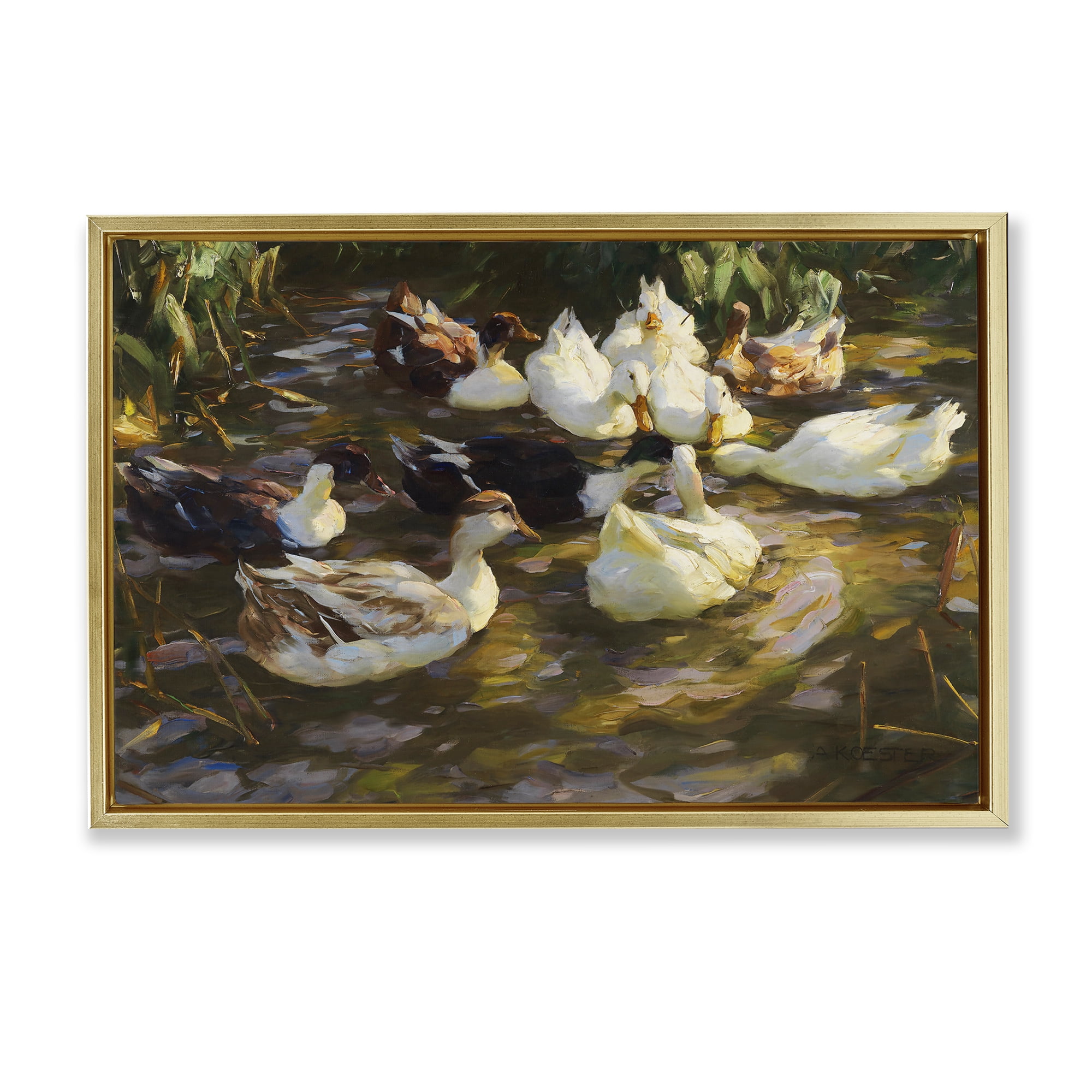 Stupell Industries Ducks in Flowing River Landscape Painting Gold Floater Framed Canvas Art Print Wall Art, 25 x 17