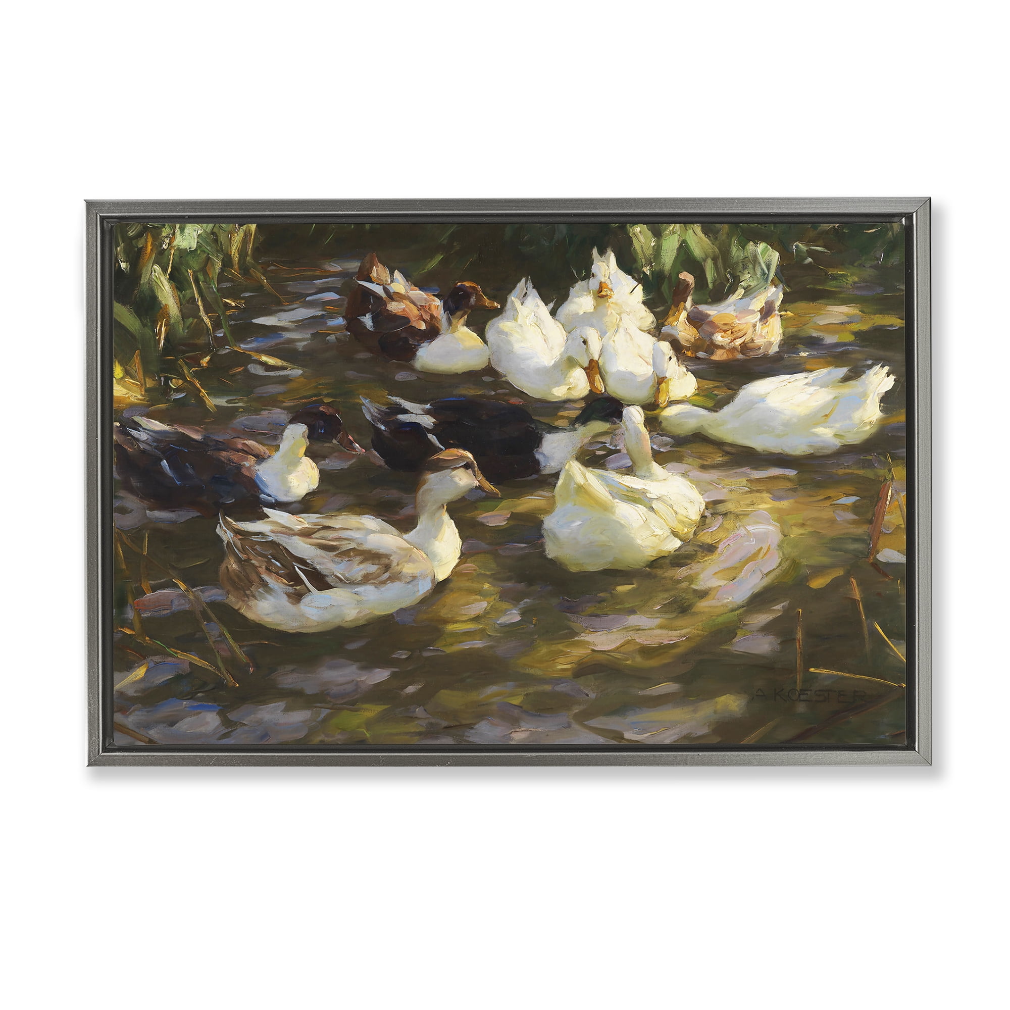 Stupell Industries Ducks in Flowing River Landscape Painting Gray Floater Framed Canvas Art Print Wall Art, 31 x 21