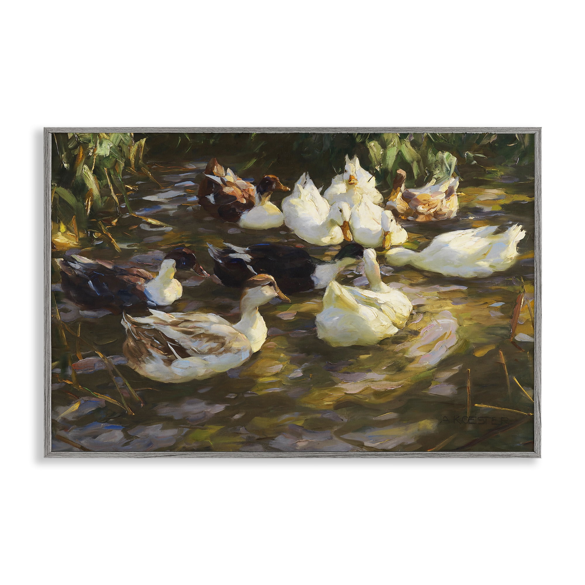 Stupell Industries Ducks in Flowing River Landscape Painting Gray Framed Art Print Wall Art, 24 x 16