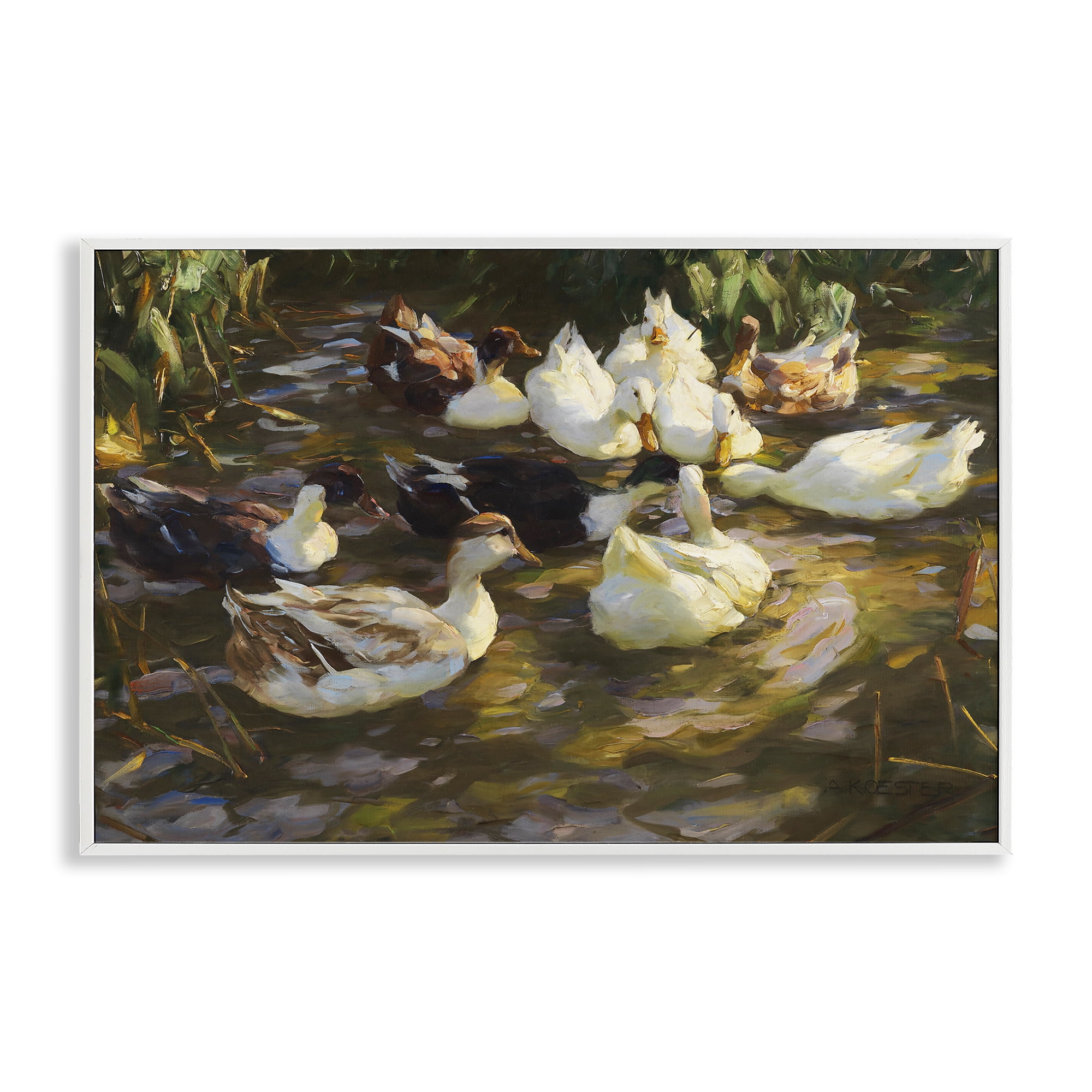 Stupell Industries Ducks in Flowing River Landscape Painting White Framed Art Print Wall Art, 24 x 16