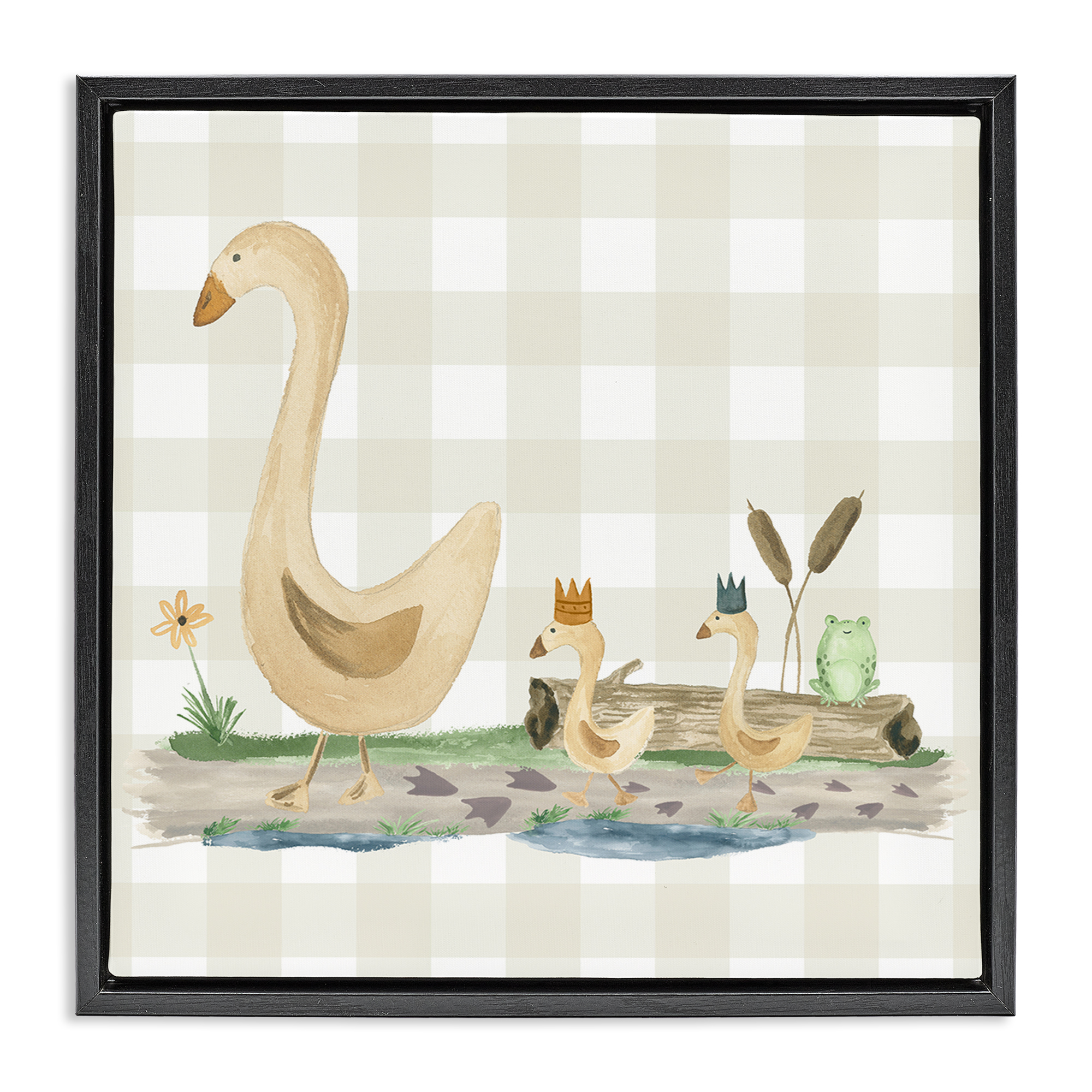 Stupell Industries Ducks on Yellow Plaid Animals Painting Black Floater Framed Canvas Art Print Wall Art, 18 x 18