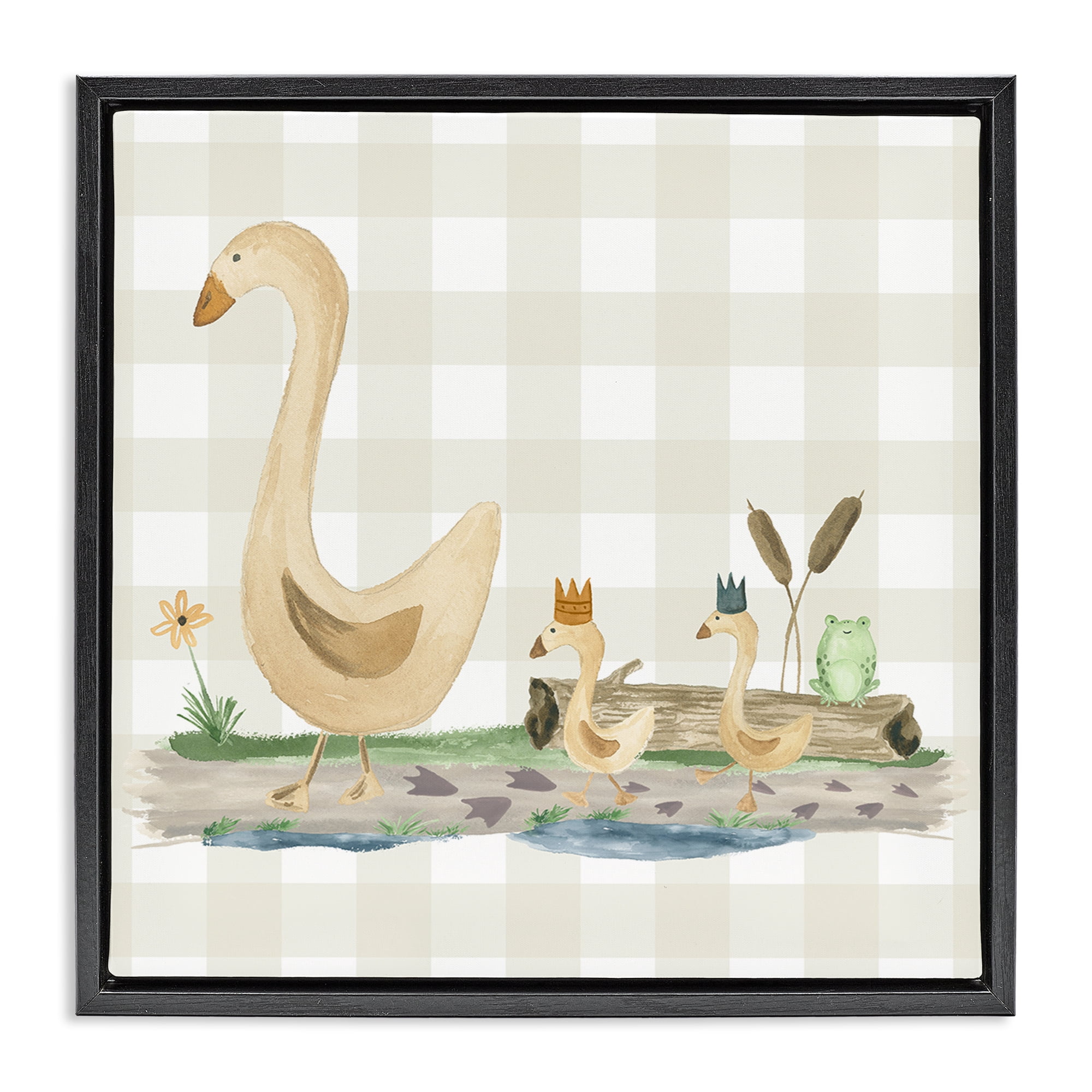 Stupell Industries Ducks on Yellow Plaid Animals Painting Black Floater Framed Canvas Art Print Wall Art, 25 x 25