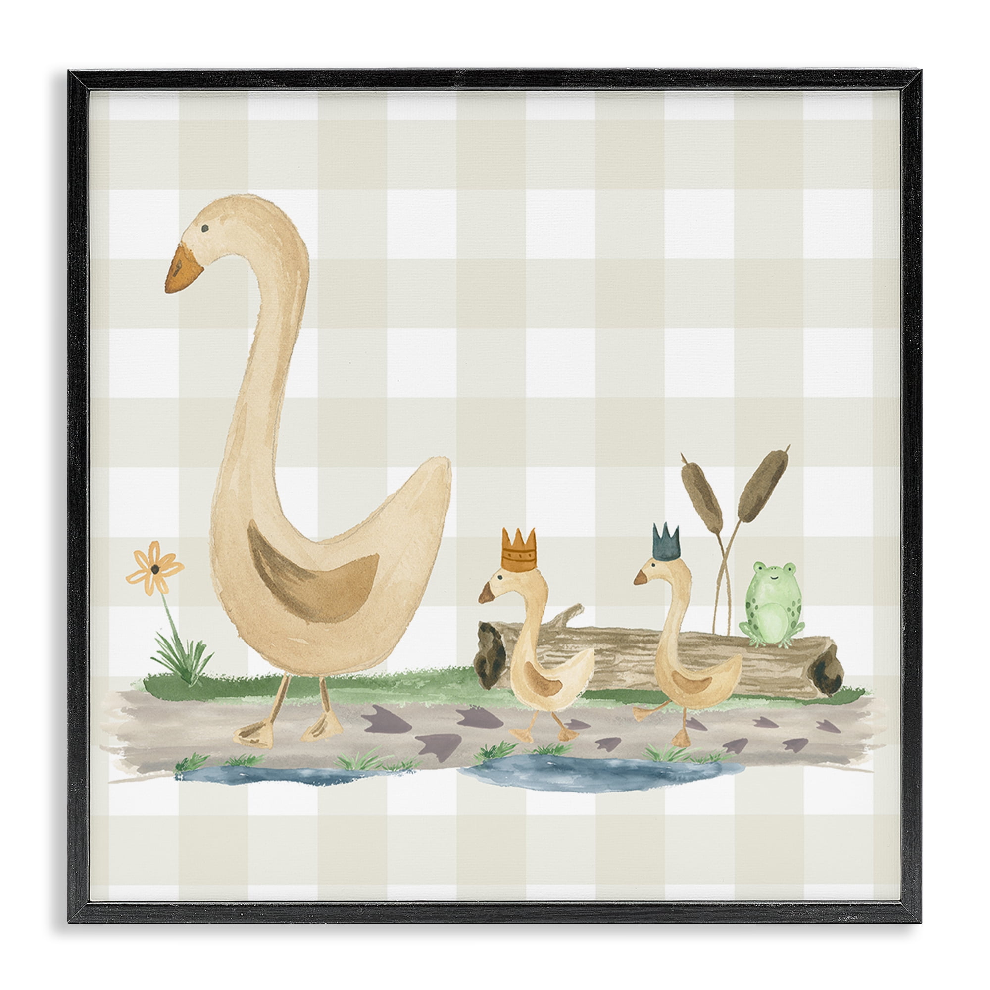 Stupell Industries Ducks on Yellow Plaid Animals Painting Black Framed Art Print Wall Art, 12 x 12