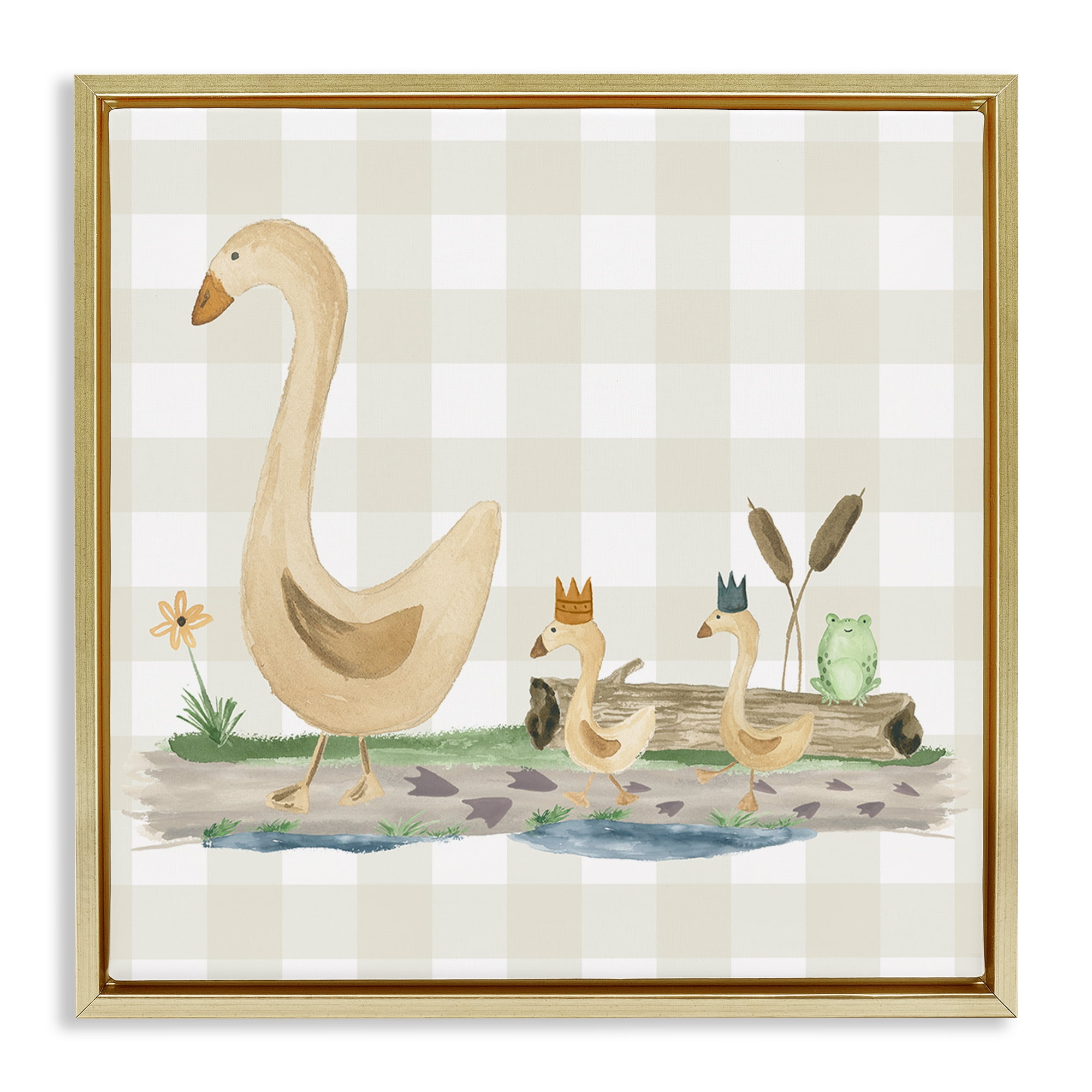 Stupell Industries Ducks on Yellow Plaid Animals Painting Gold Floater Framed Canvas Art Print Wall Art, 25 x 25