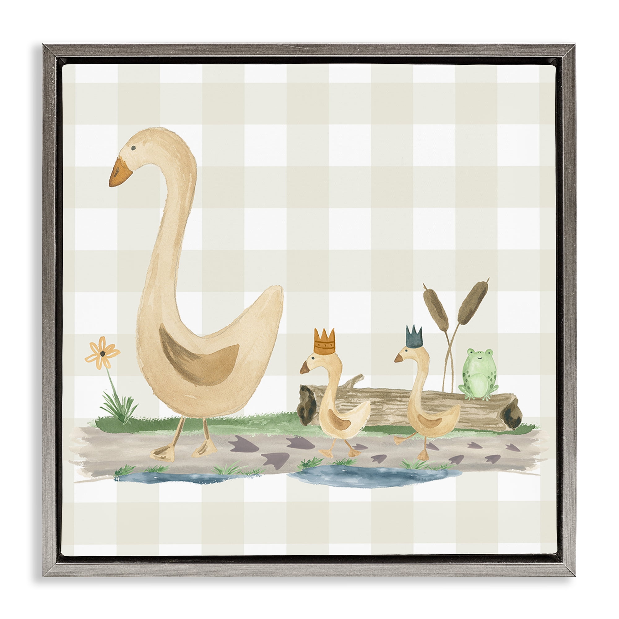 Stupell Industries Ducks on Yellow Plaid Animals Painting Gray Floater Framed Canvas Art Print Wall Art, 25 x 25