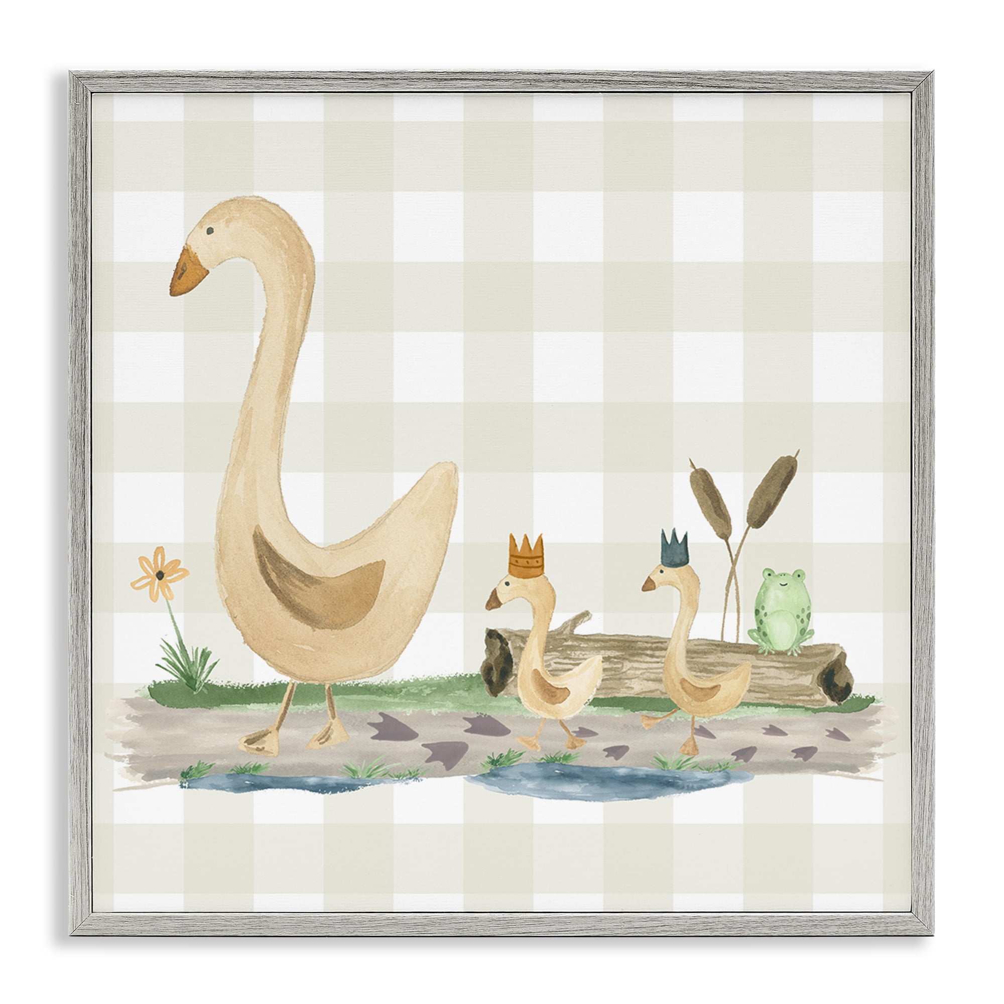 Stupell Industries Ducks on Yellow Plaid Animals Painting Gray Framed Art Print Wall Art, 17 x 17