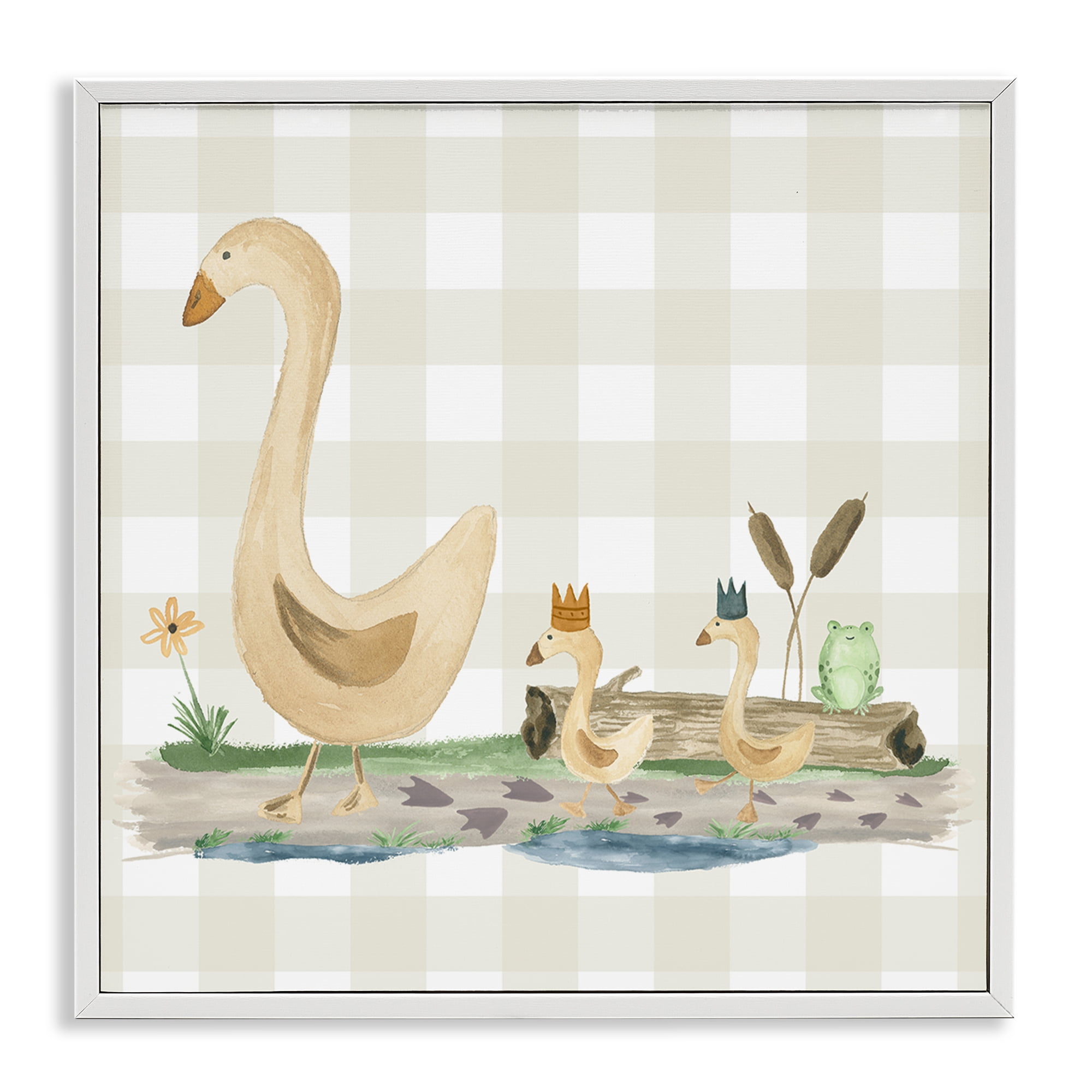 Stupell Industries Ducks on Yellow Plaid Animals Painting White Framed Art Print Wall Art, 12 x 12