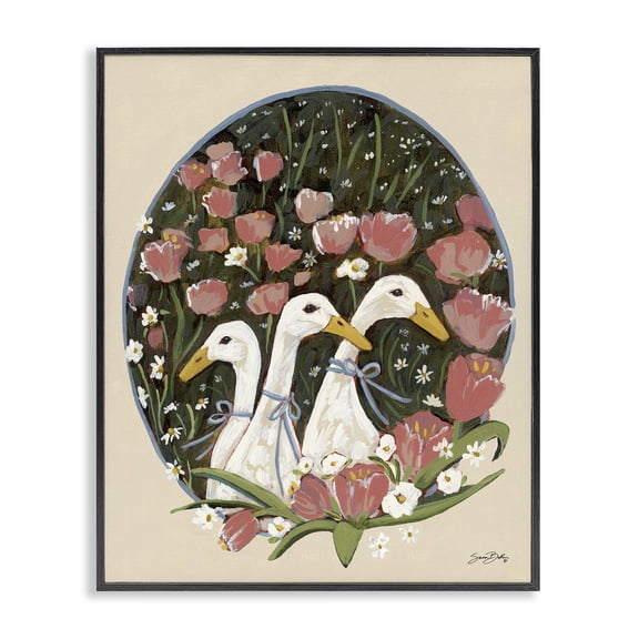 Stupell Industries Ducks with Cottage Blooms Animals Painting Black Framed Art Print Wall Art, 11 x 14