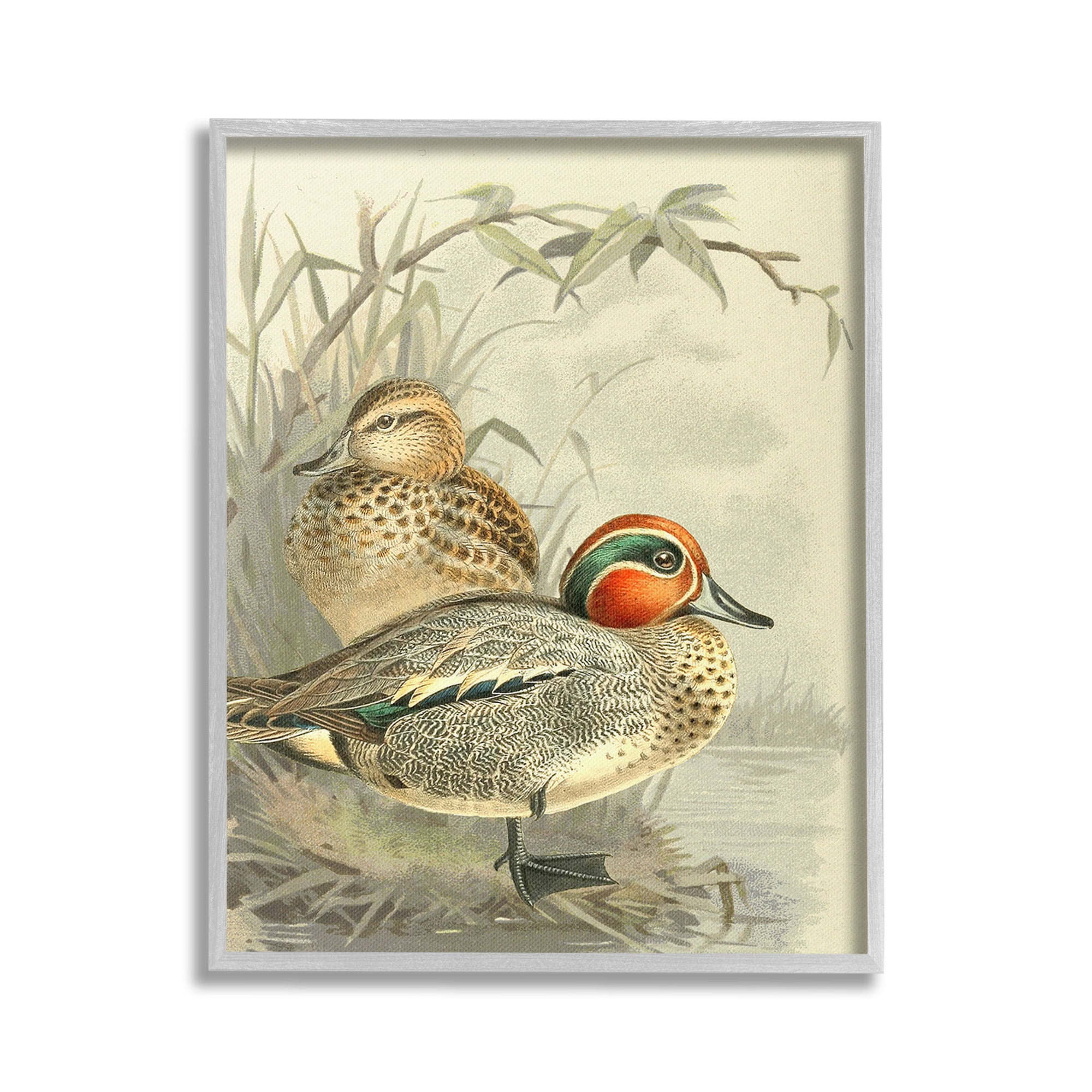 Stupell Industries Ducks with Pond Botanicals Animals & Insects Painting Gray Framed Art Print Wall Art, 16 x 20