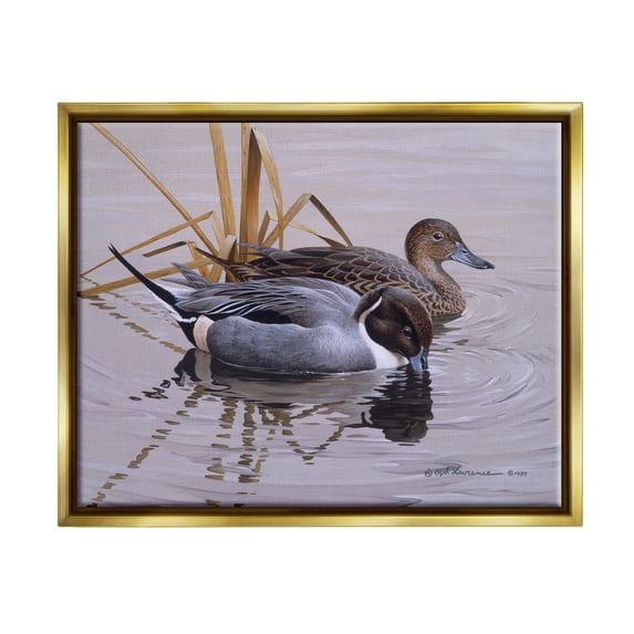 Stupell Industries Ducks with Pond Ripples Animals & Insects Painting Gold Floater Framed Canvas Art Print Wall Art, 21 x 17