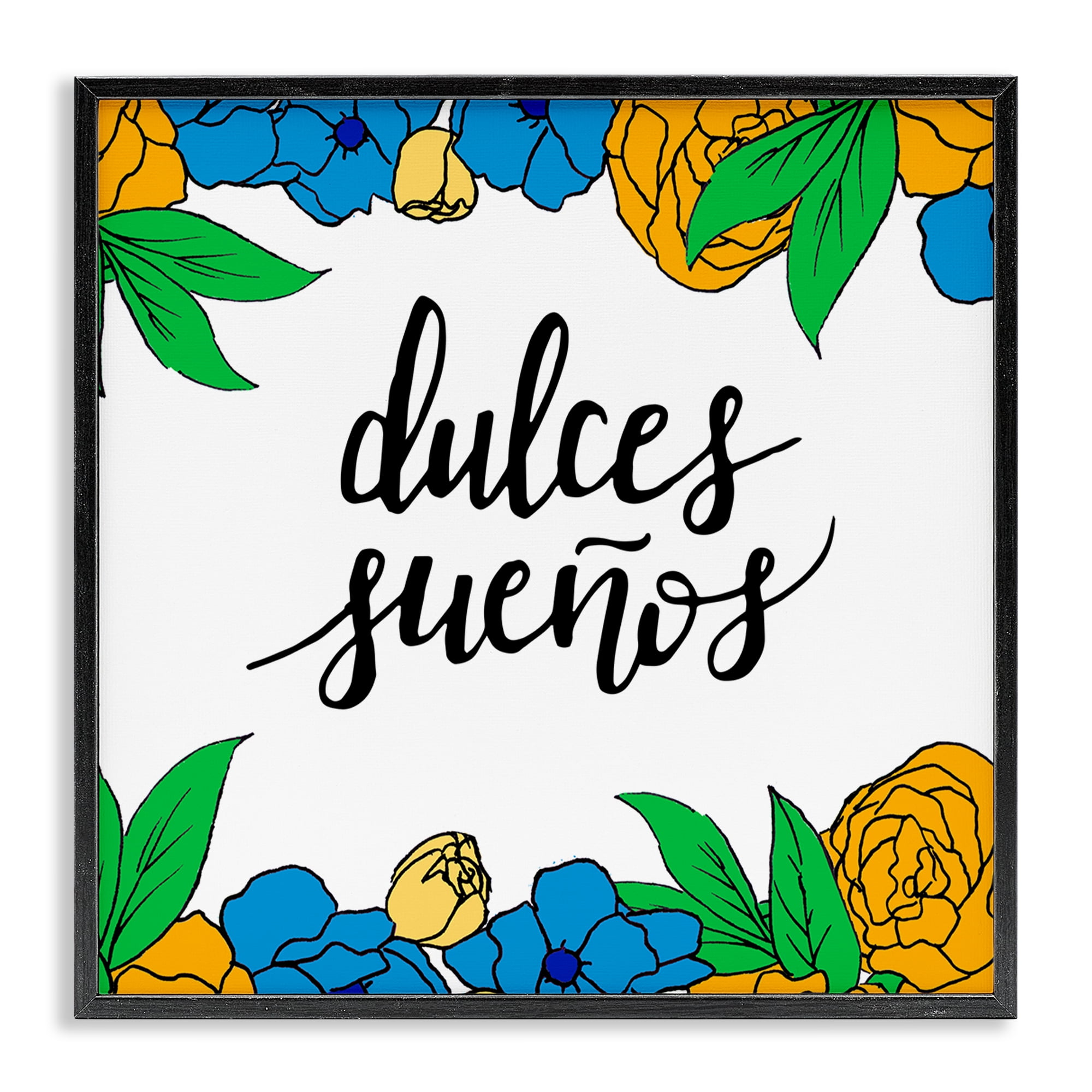 Stupell Industries Dulces Sueños Flores Tropicales Inspirational Quotes & Sayings Painting Black Framed Art Print Wall Art, 17 x 17