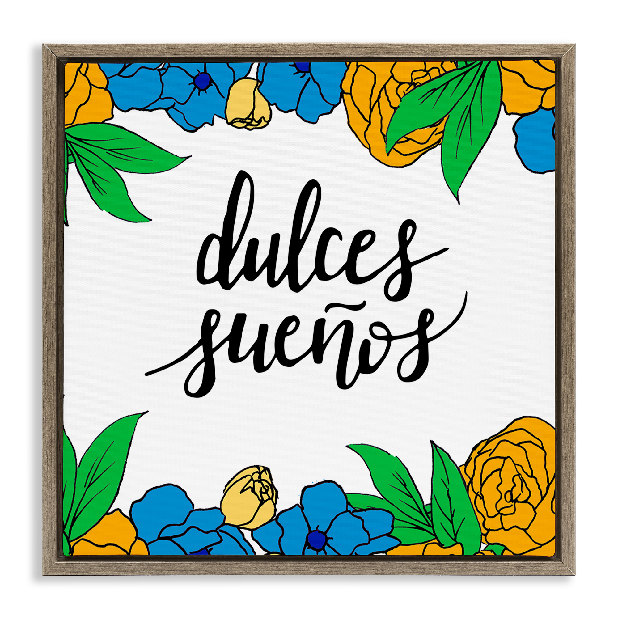 Stupell Industries Dulces Sueños Flores Tropicales Inspirational Quotes & Sayings Painting Brown Floater Framed Art Print Wall Art, 18 x 18