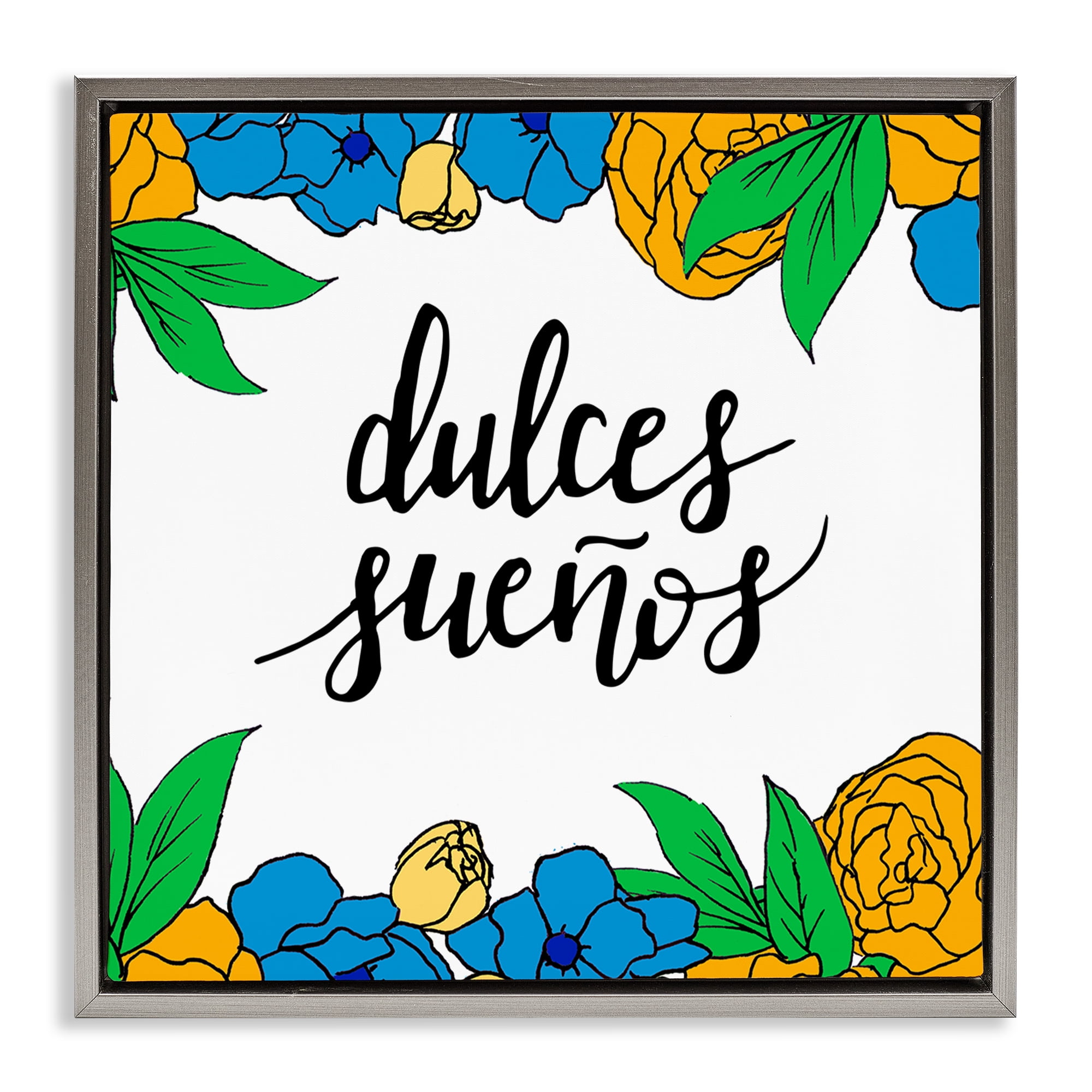 Stupell Industries Dulces Sueños Flores Tropicales Inspirational Quotes & Sayings Painting Gray Floater Framed Art Print Wall Art, 18 x 18