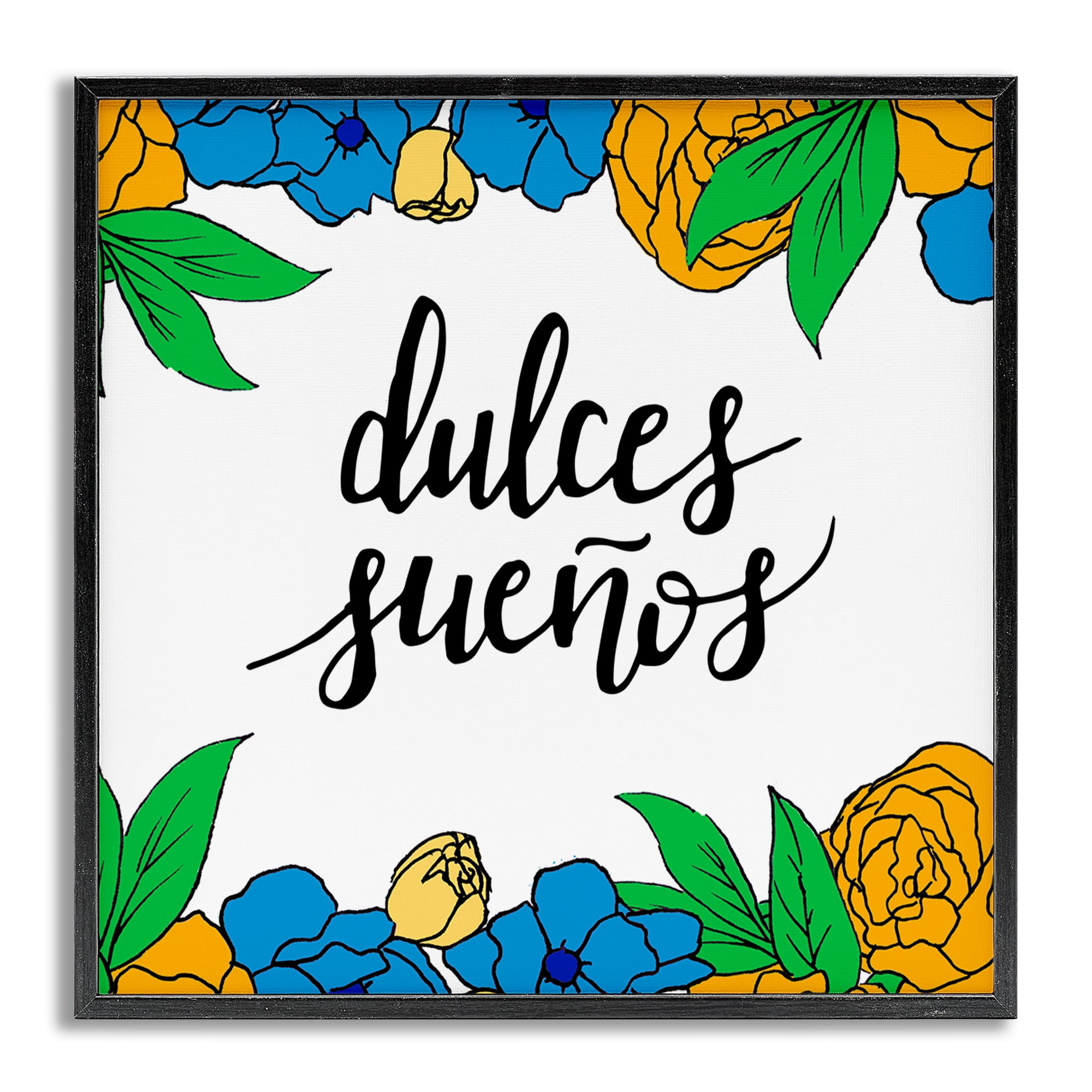 Stupell Industries Dulces Sueños Flores Tropicales Inspirational Quotes & Sayings Painting Gray Framed Art Print Wall Art, 24 x 24