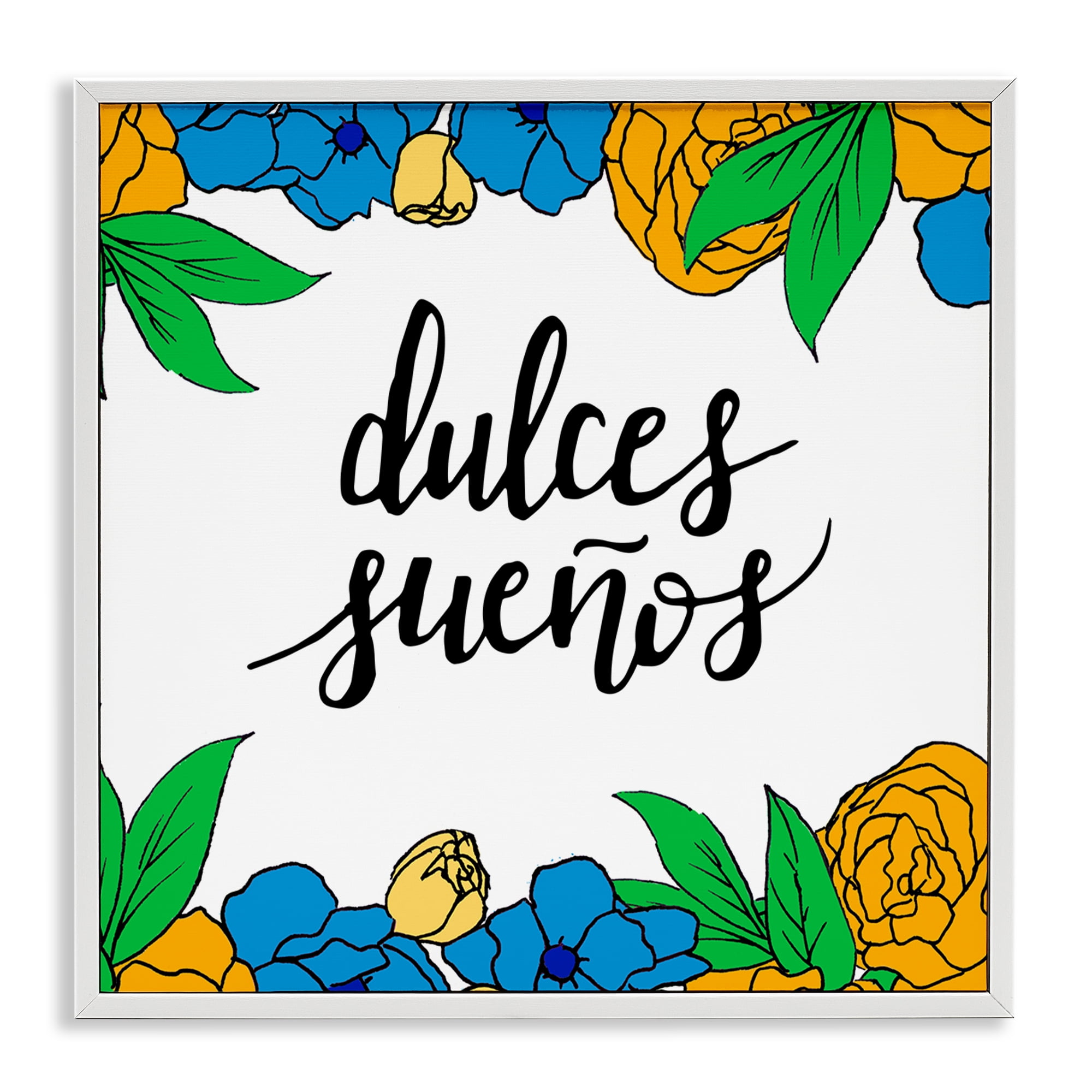 Stupell Industries Dulces Sueños Flores Tropicales Inspirational Quotes & Sayings Painting White Framed Art Print Wall Art, 12 x 12