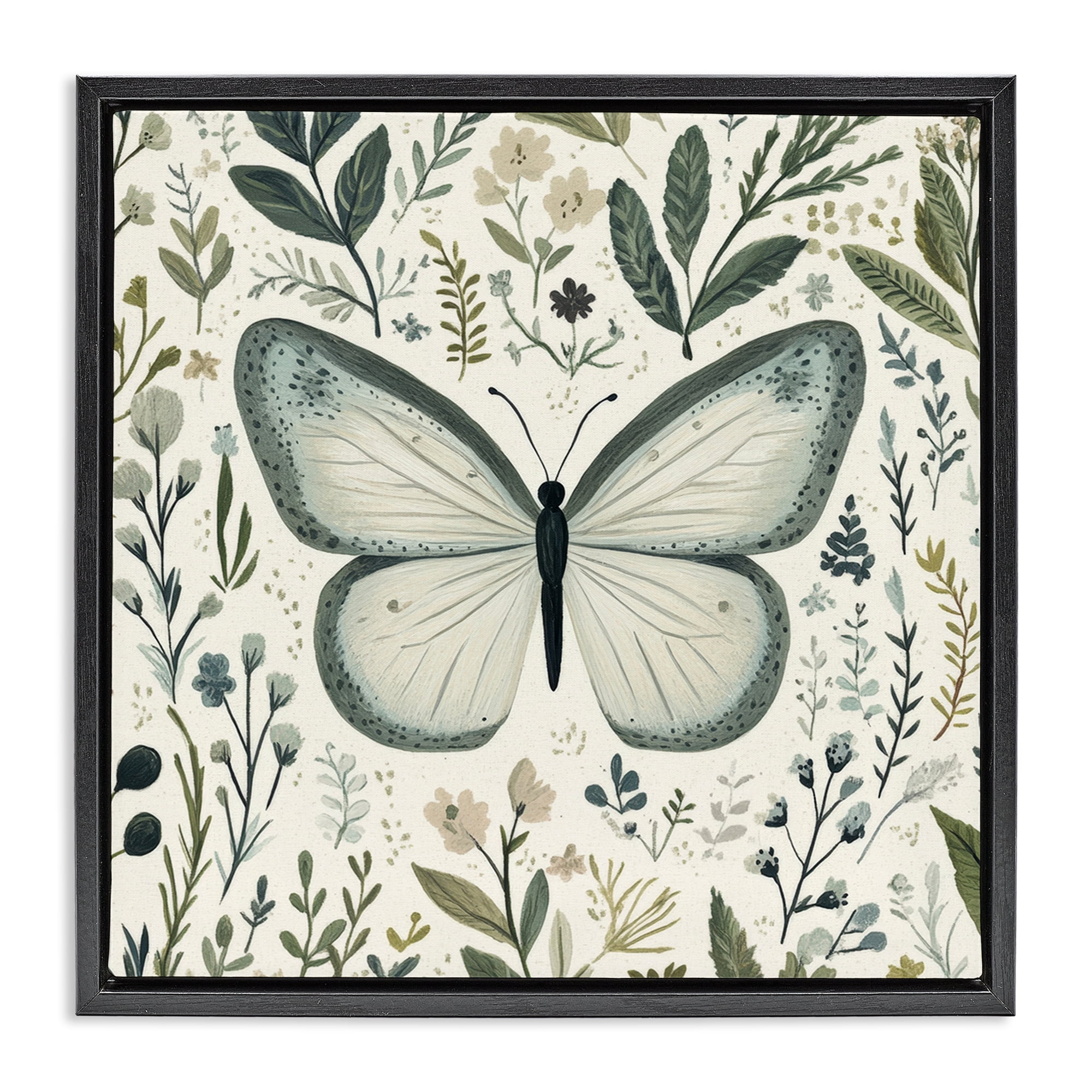 Stupell Industries Dusty Blue Butterfly Botanicals Black Framed Floater Canvas Wall Art, design by Petal Prints Design