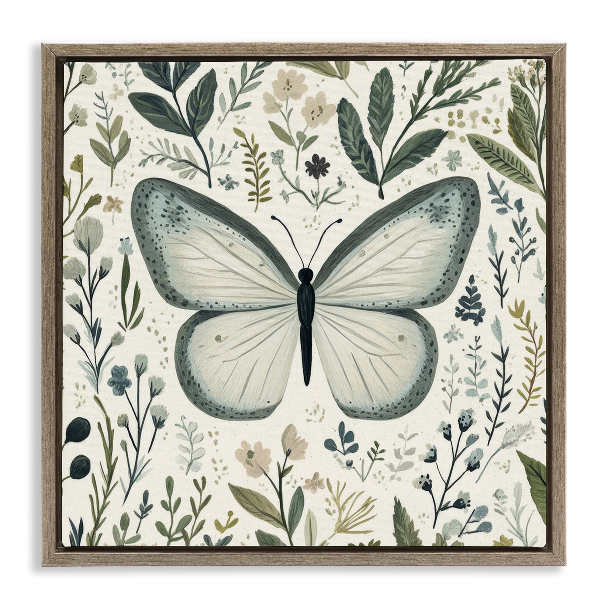 Stupell Industries Dusty Blue Butterfly Botanicals Brown Framed Floater Canvas Wall Art, design by Petal Prints Design