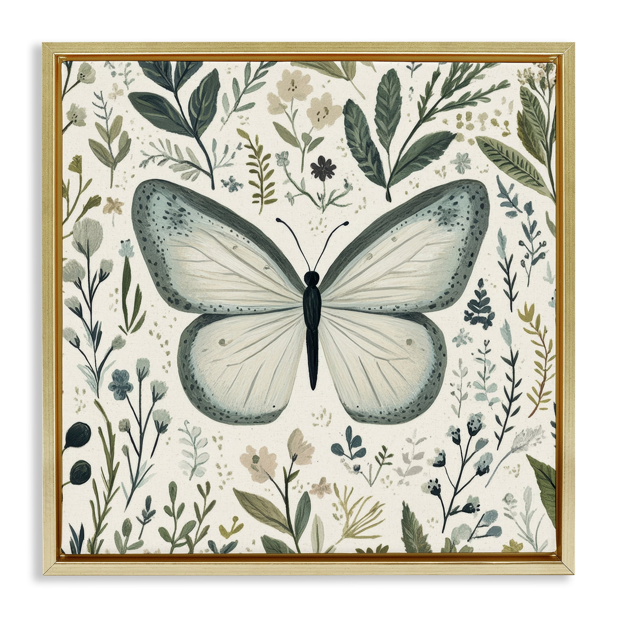 Stupell Industries Dusty Blue Butterfly Botanicals Gold Framed Floater Canvas Wall Art, design by Petal Prints Design