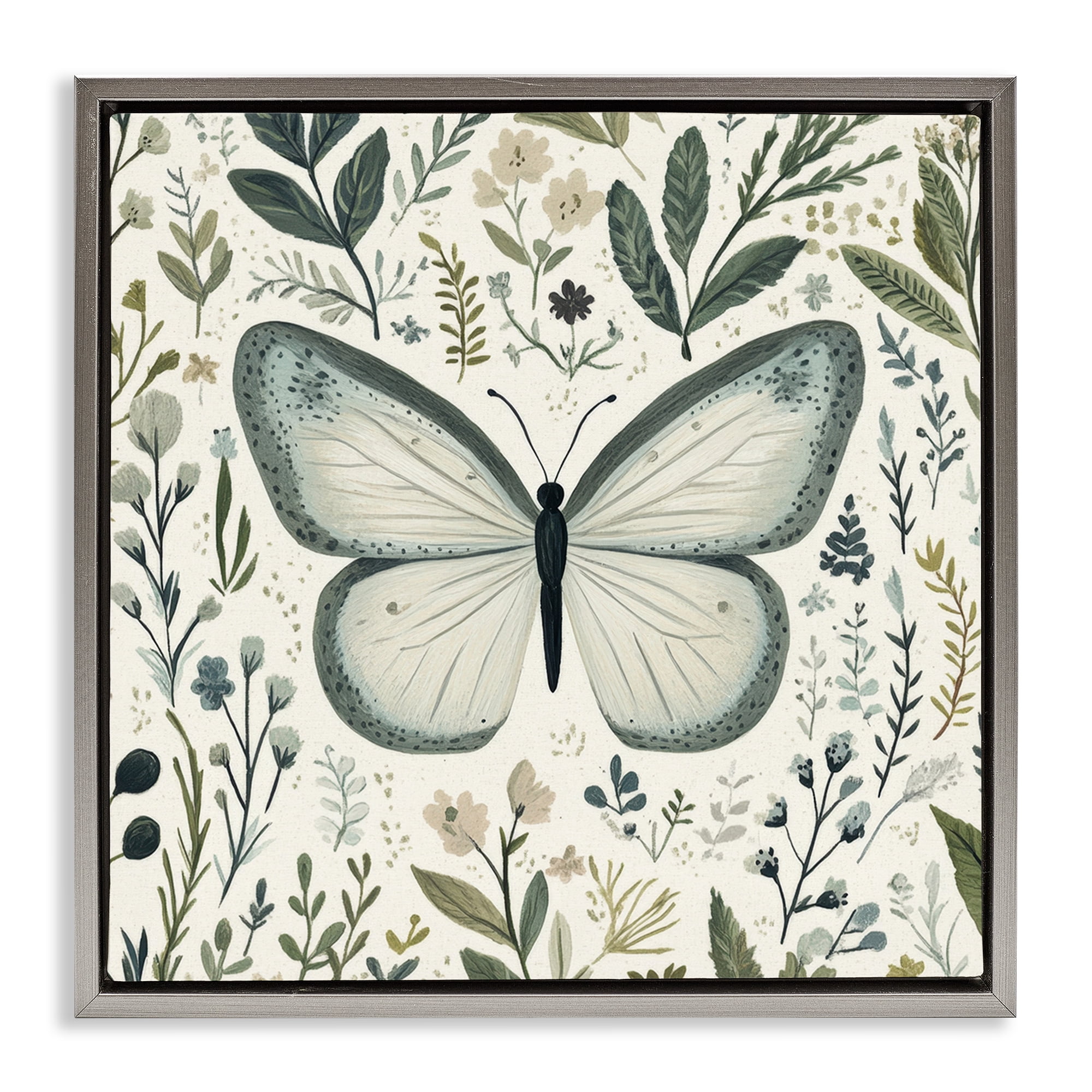 Stupell Industries Dusty Blue Butterfly Botanicals Gray Framed Floater Canvas Wall Art, design by Petal Prints Design