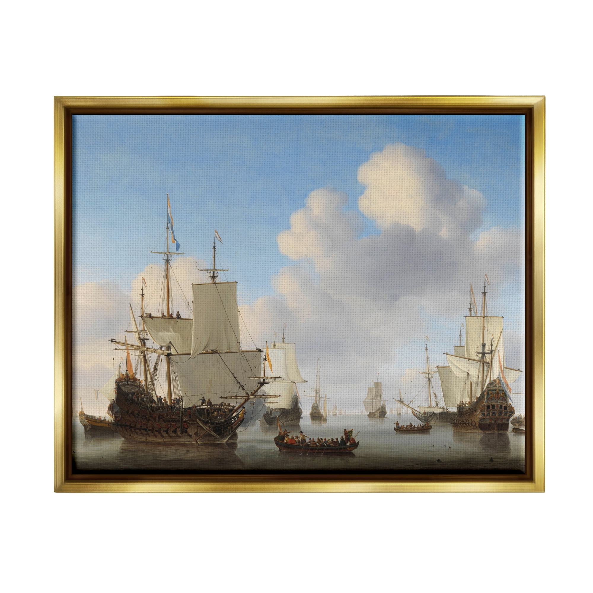 Stupell Industries Dutch Ships at Sea Willem van de Velde Classic Painting Painting Metallic Gold Floating Framed Canvas Print Wall Art, Design by one1000paintings